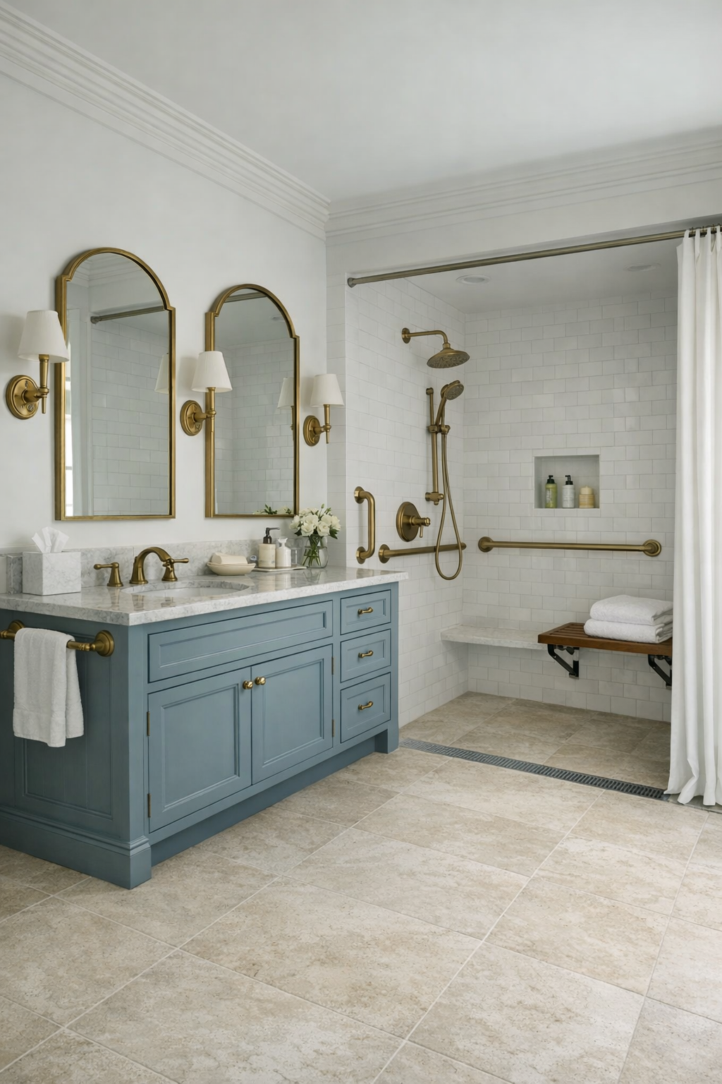 Elegant accessible bathroom with curbless shower, painted vanity, and pale limestone-look tile