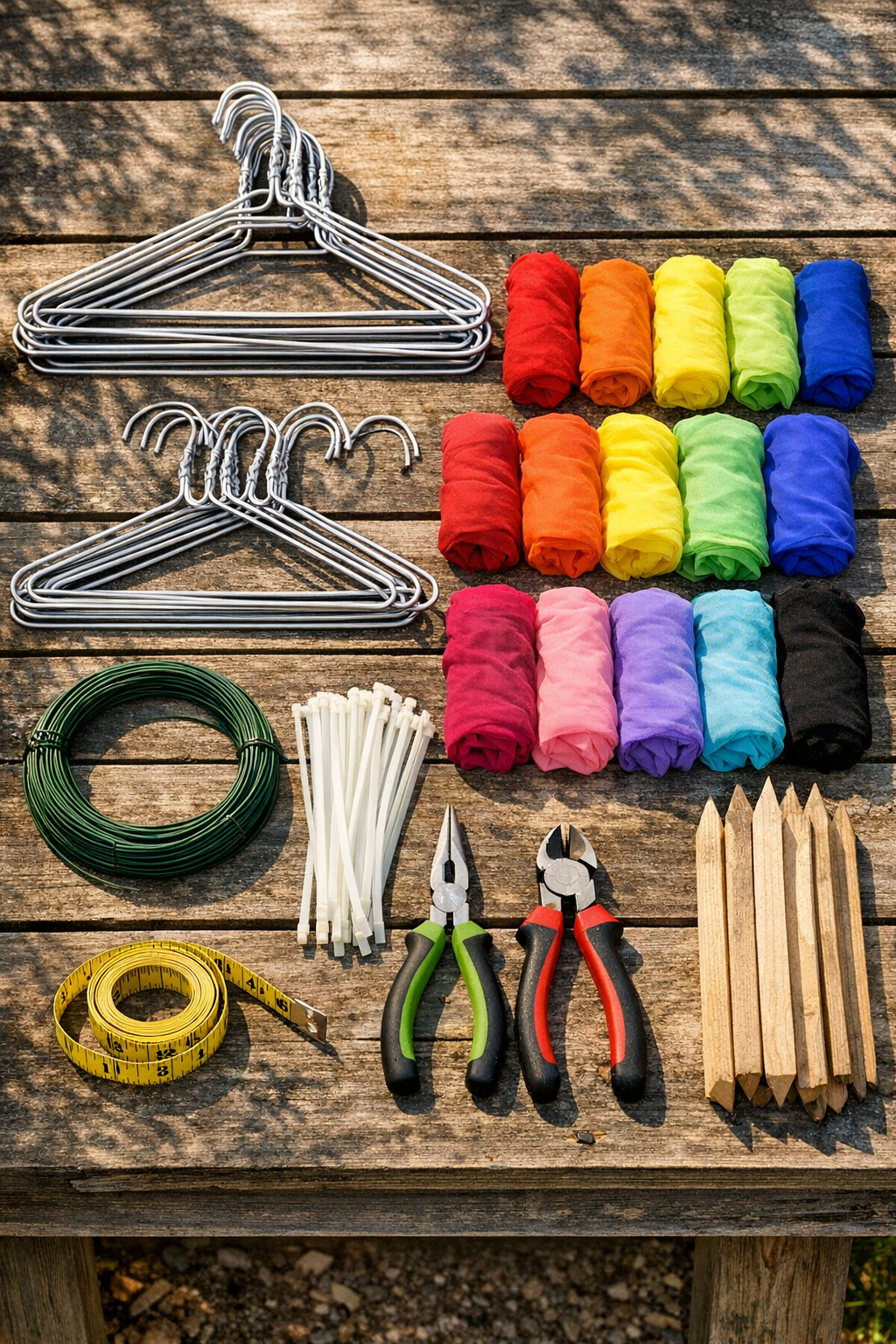 Materials for making a giant wire hanger butterfly laid out on a worktable