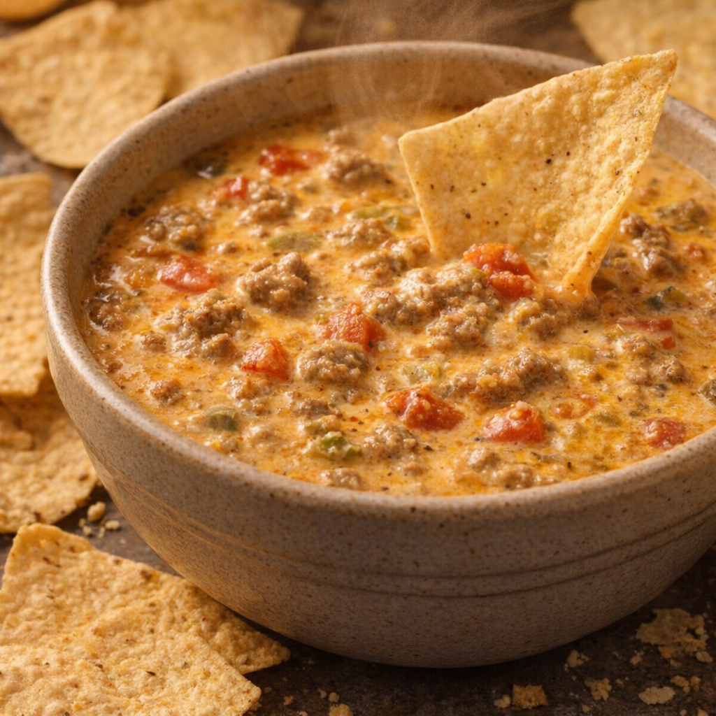 Bowl of sausage dip with chips for serving