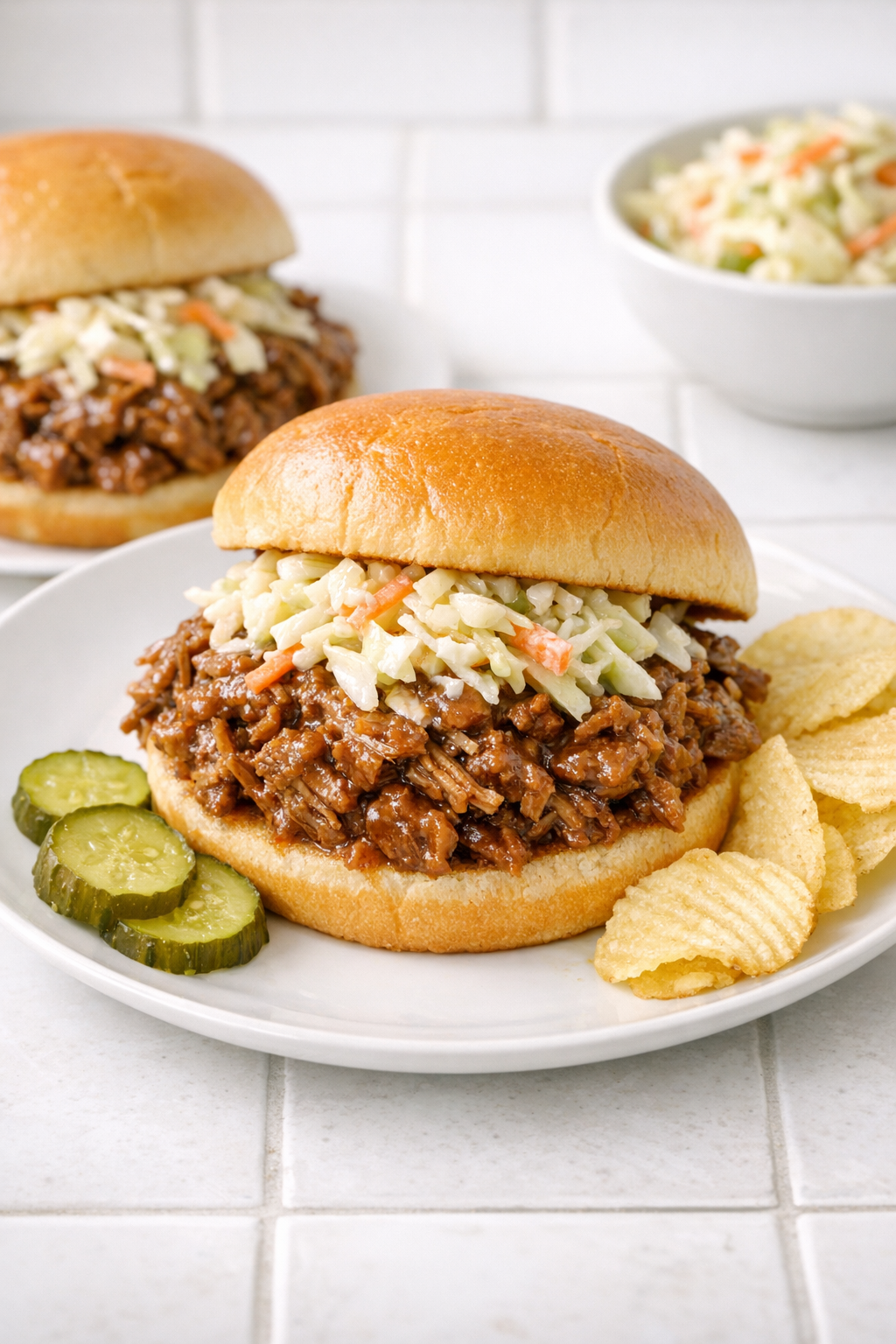 Finished slaw burger beef served on soft buns with creamy slaw