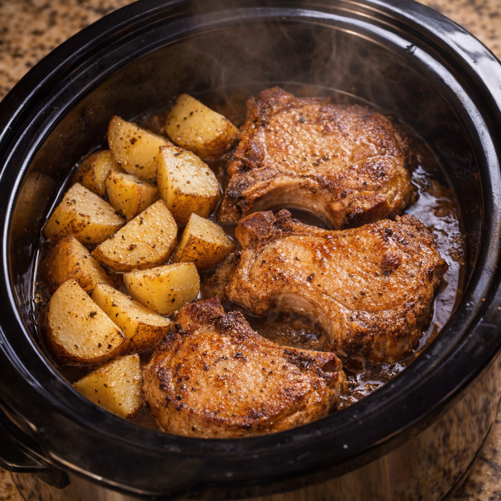Finished pork chops and potatoes in the slow cooker