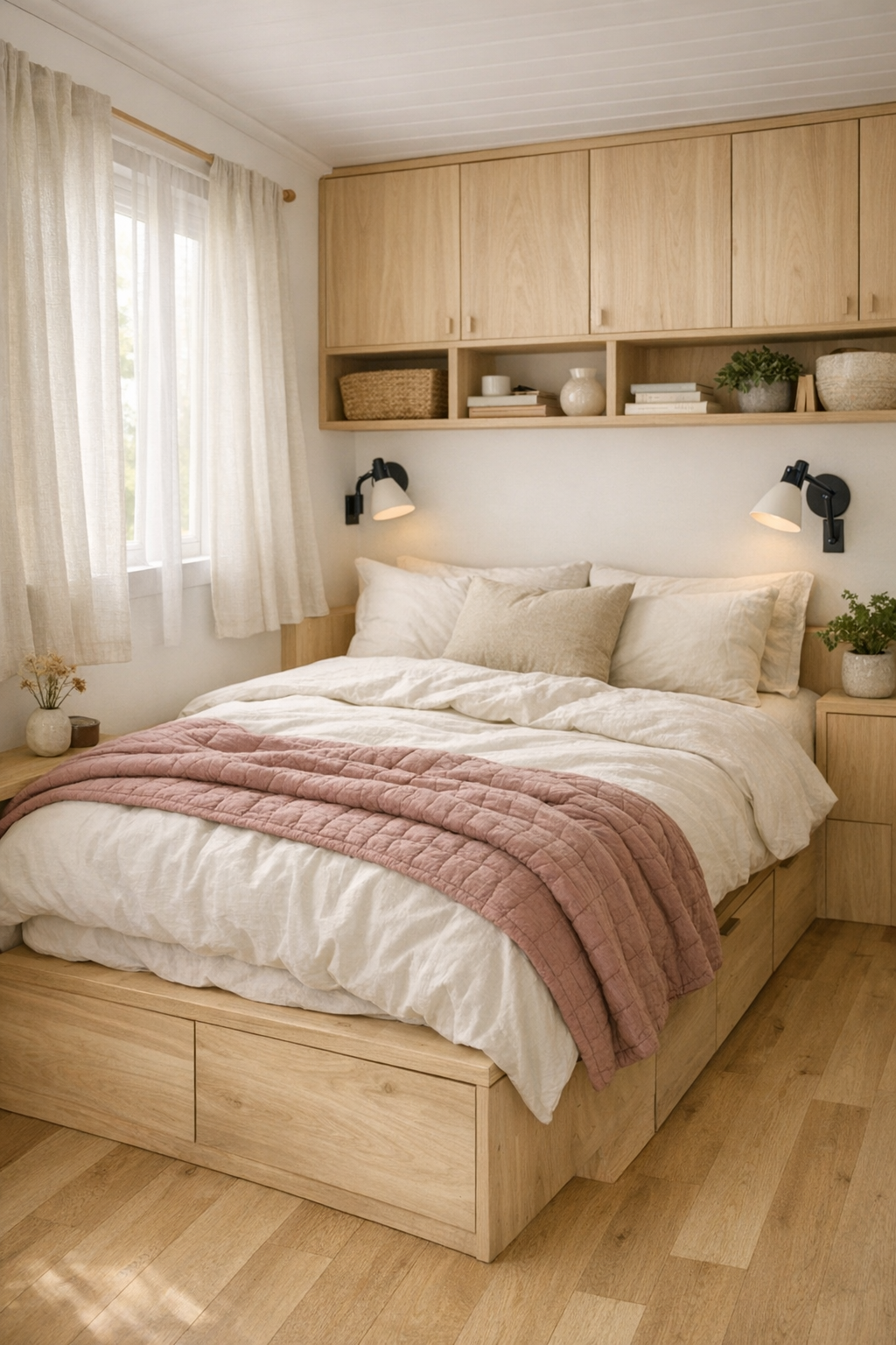 Calm blush tiny home bedroom with platform bed, built-in storage, and soft layered textiles