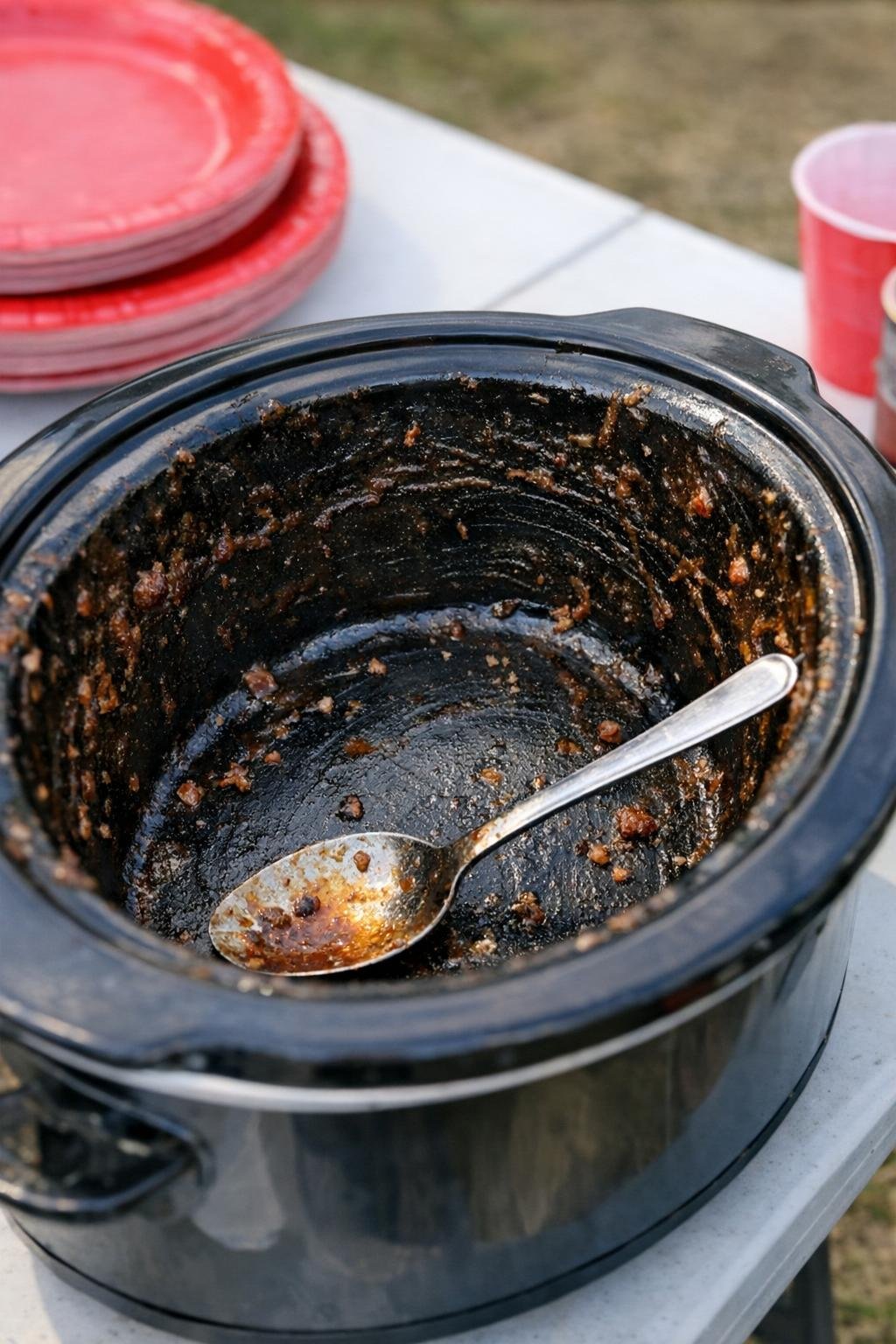 Slow cooker crock scraped nearly clean after a cookout