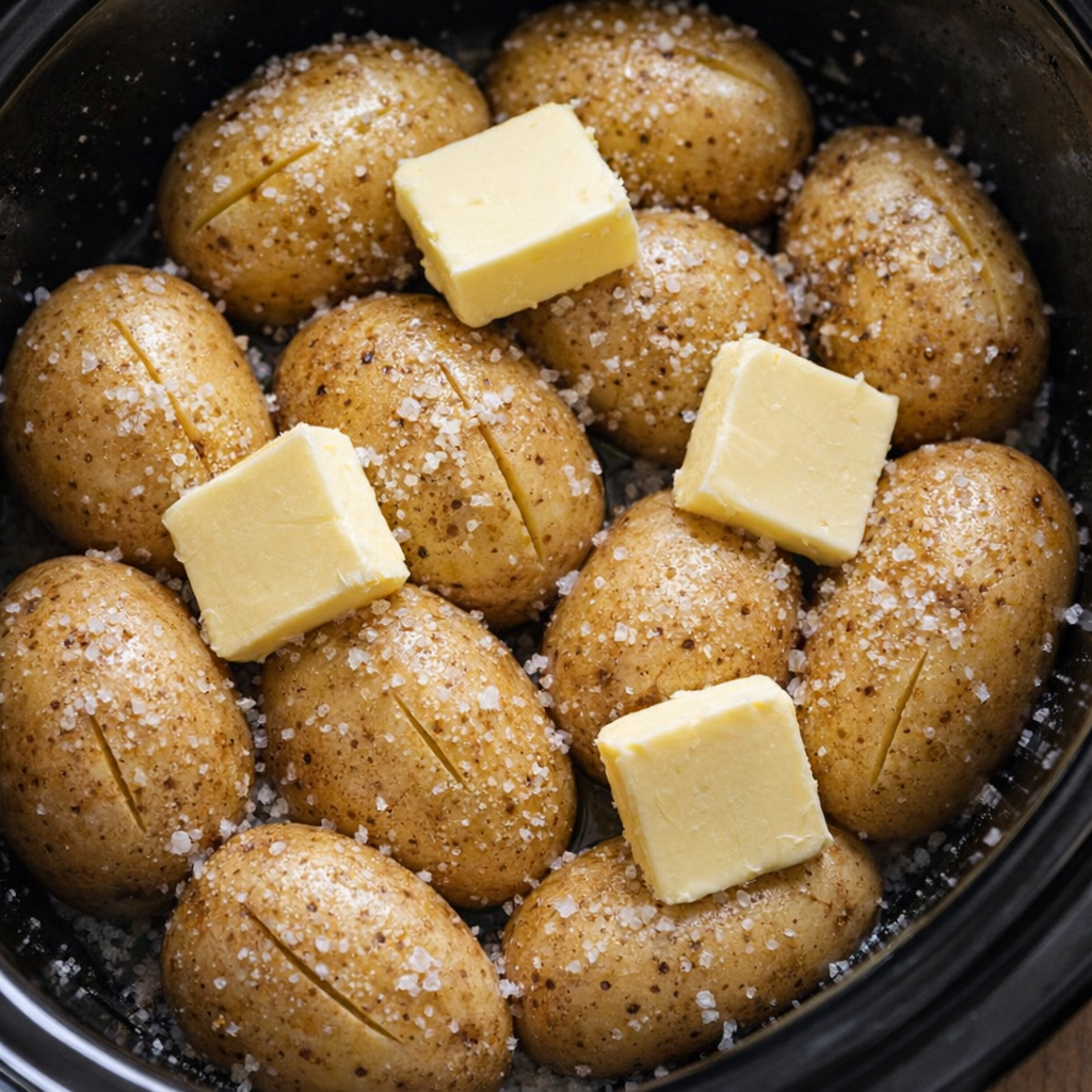 Butter slices layered over potatoes in the slow cooker
