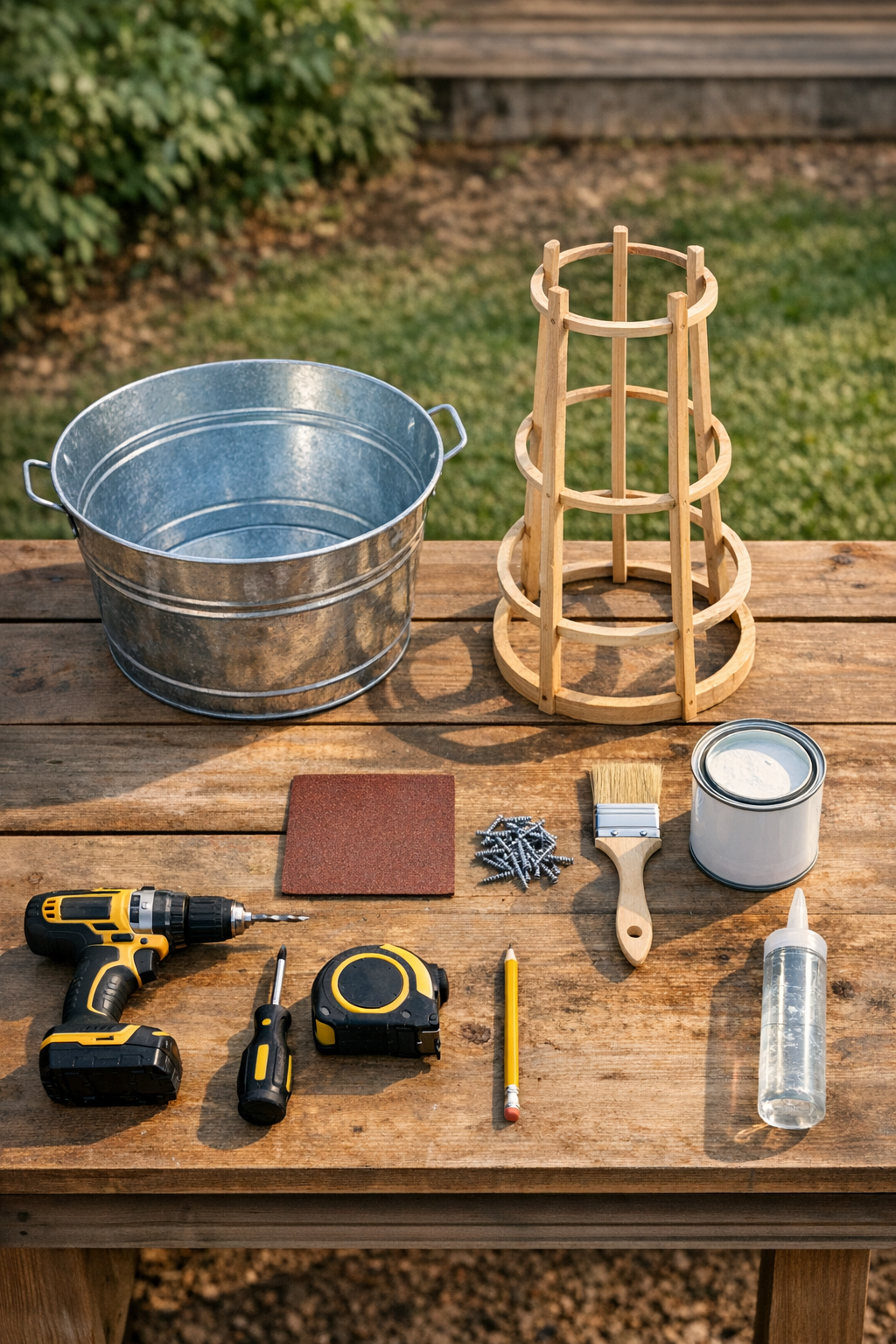 Materials for building an outdoor ice bucket stand laid out together