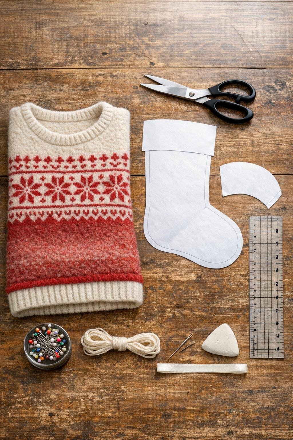 Materials for making a felted sweater stocking laid out on a table