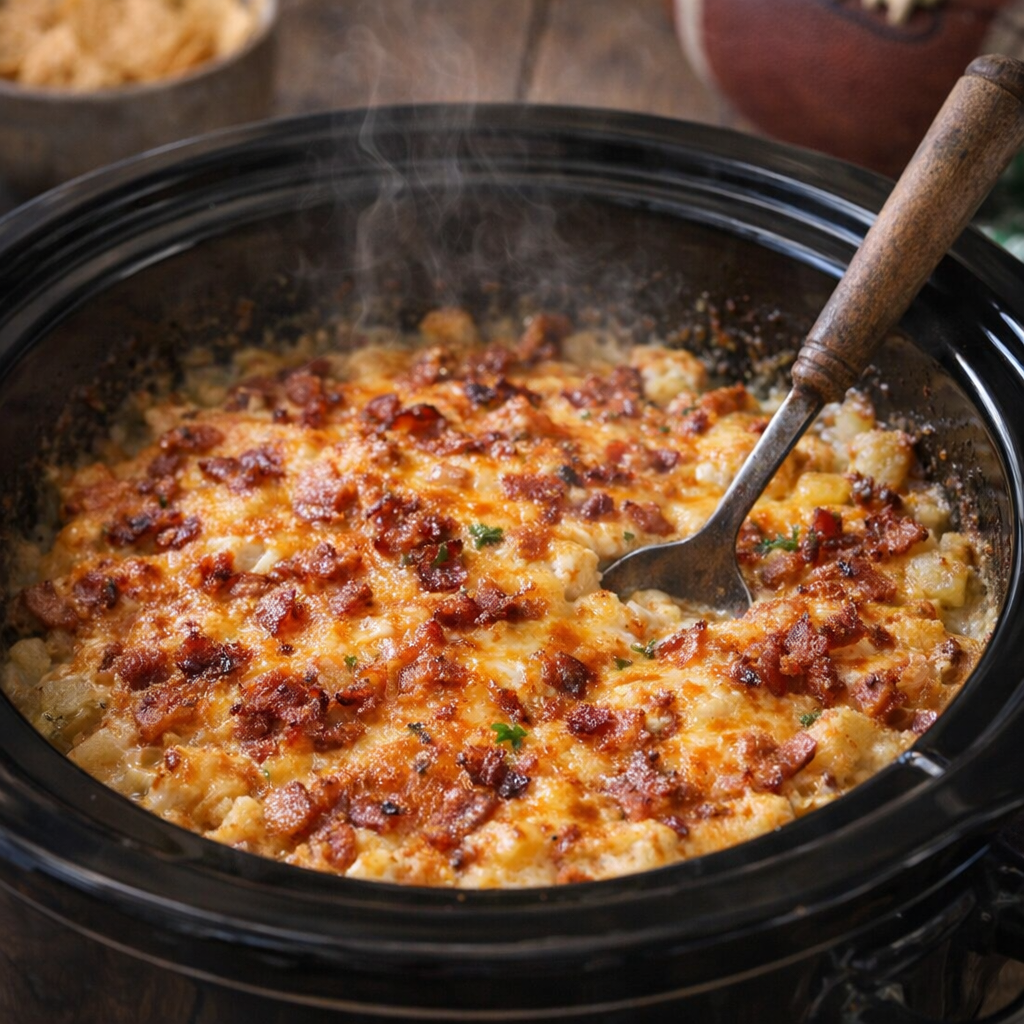 Finished casserole with melted cheese and bacon in the slow cooker