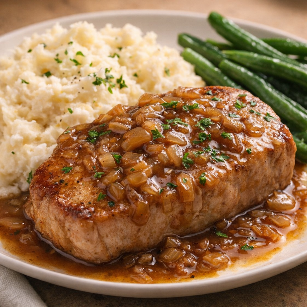 Finished pork chop plated with onion gravy and mashed potatoes
