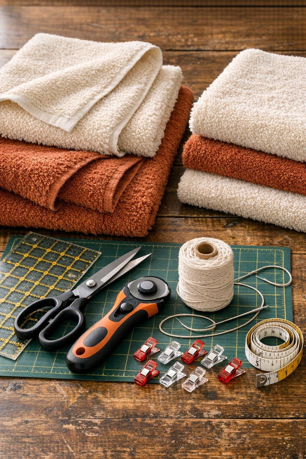 Old bath towels and basket-making supplies laid out on a table