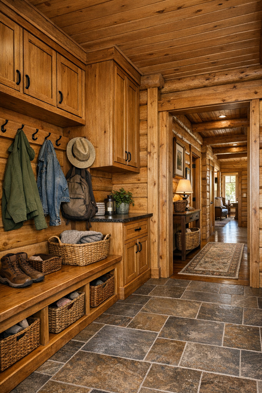 Practical log home mudroom and hallway with built-in bench, wood storage, and warm natural finishes