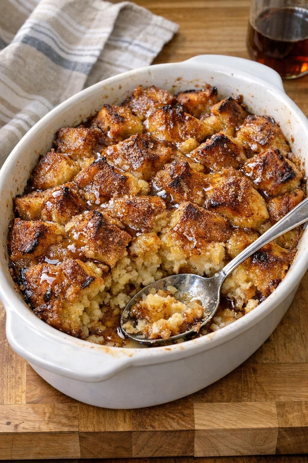 Finished baked waffle dessert in a casserole dish