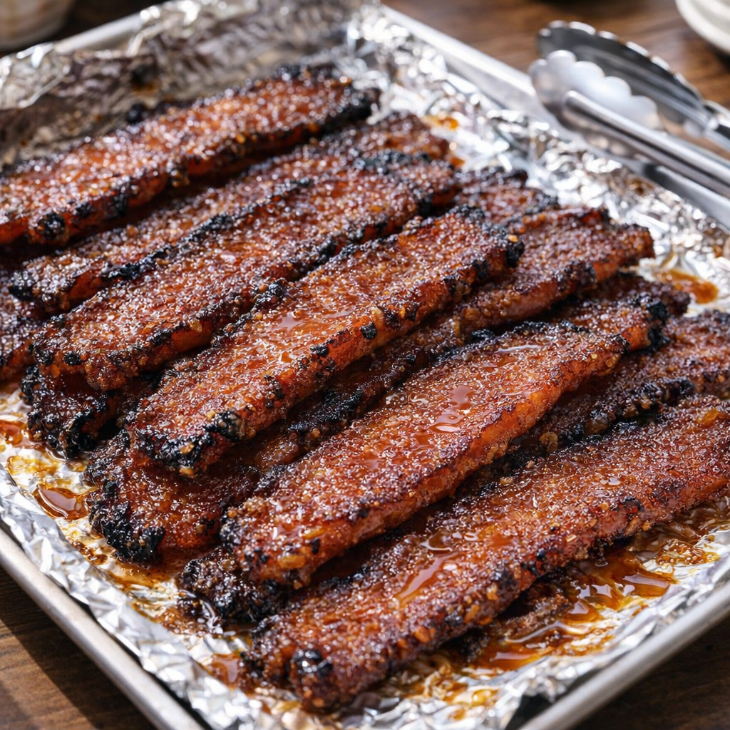 Tray of glossy candied bacon on a kitchen counter
