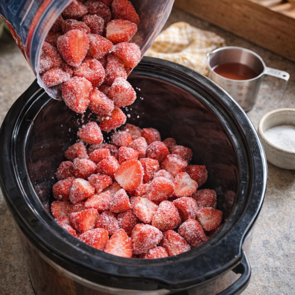 Frozen strawberries being poured into a slow cooker