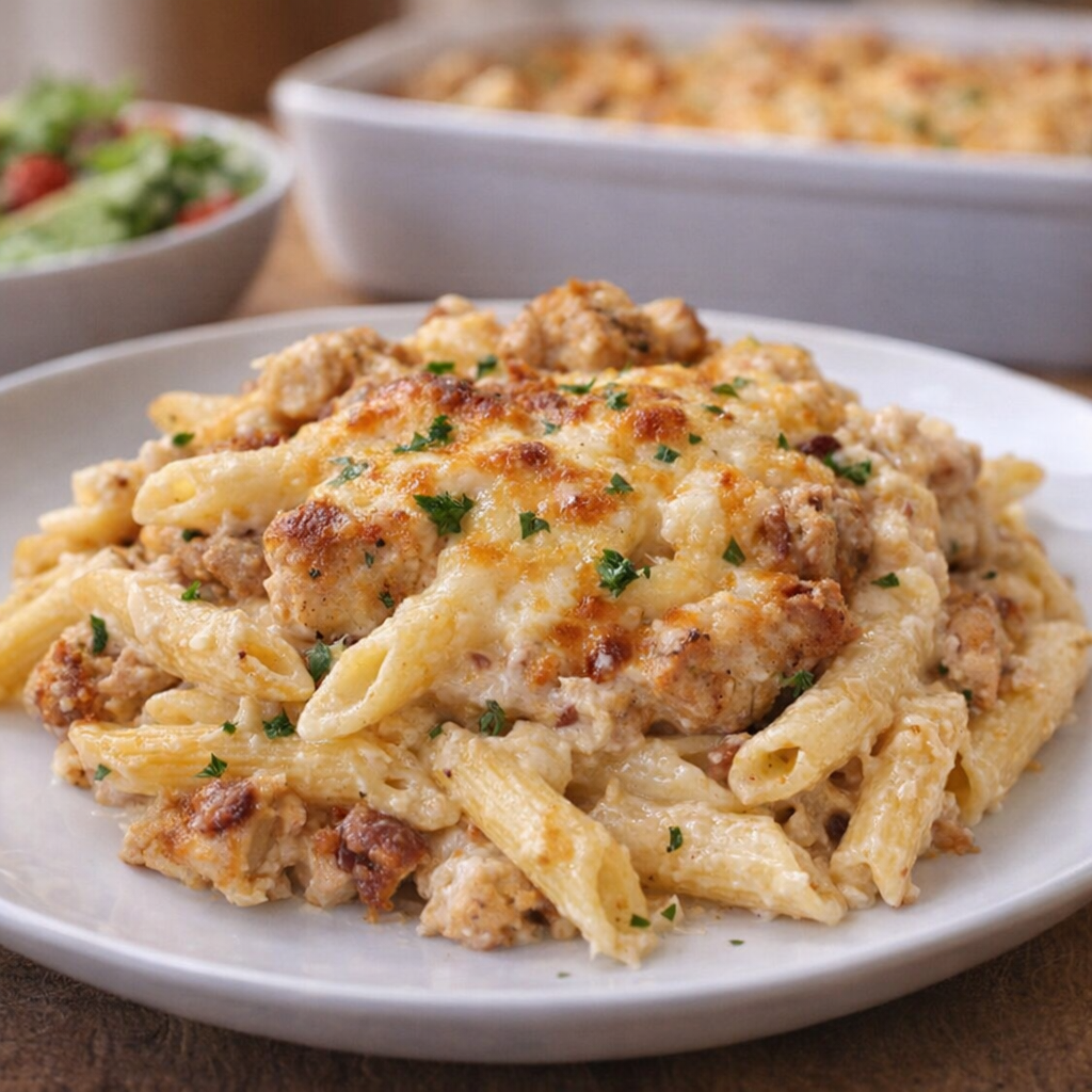 Single serving of baked chicken pasta on a plate