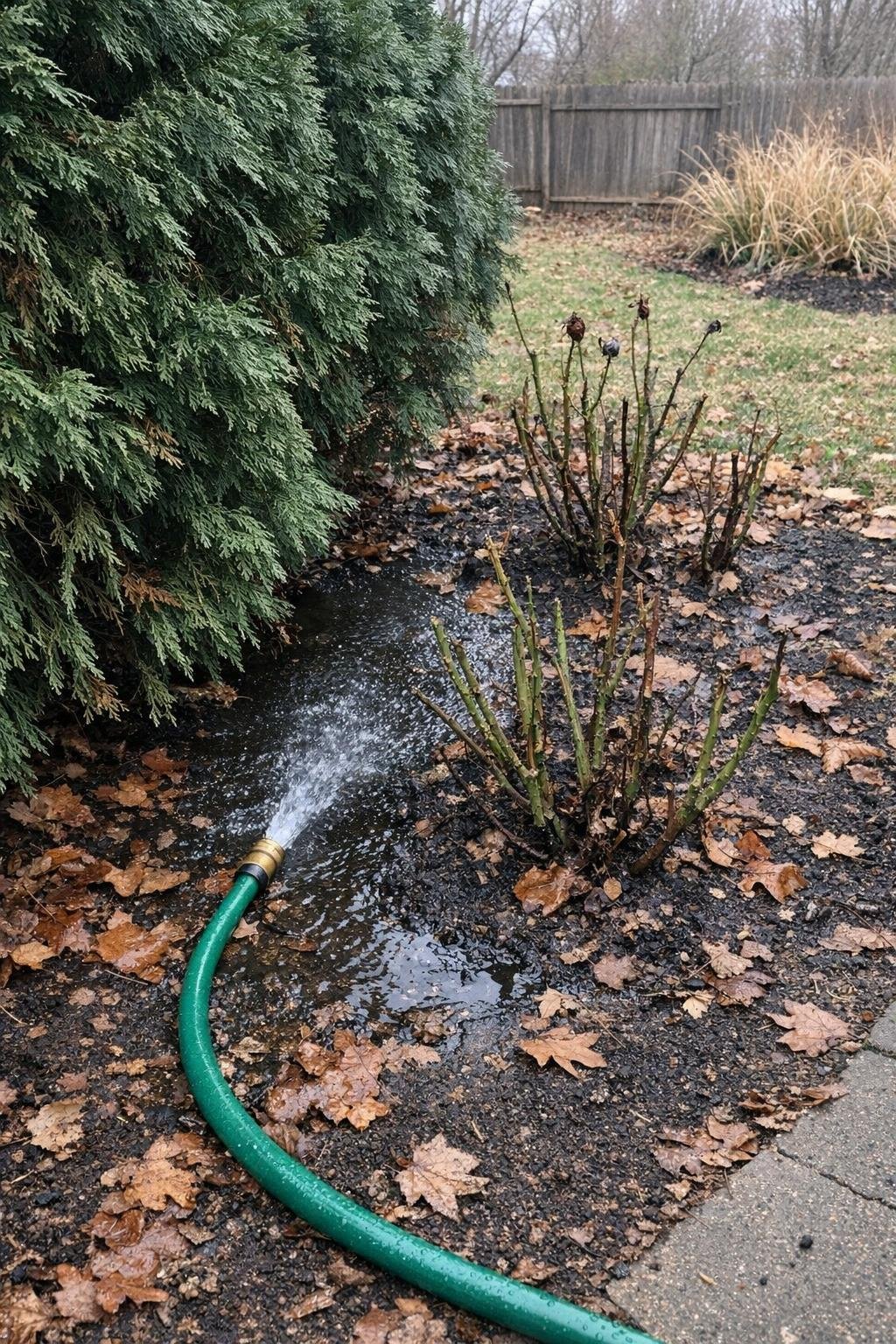Garden hose deep watering shrubs and roses before ground freeze