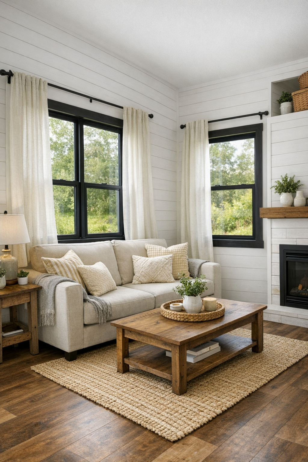 Bright farmhouse-style living room with pale upholstery, wood flooring, and soft natural textures