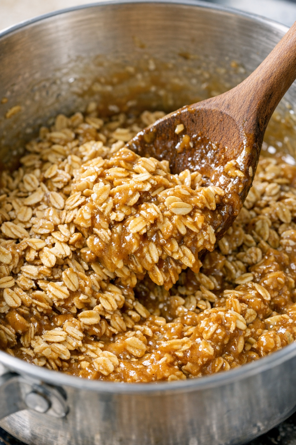 Rolled oats mixed into the peanut butter syrup mixture