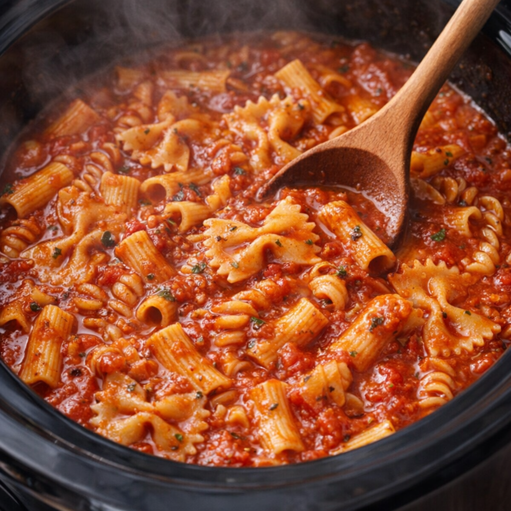 Pasta cooking in a slow cooker with sauce coating the noodles