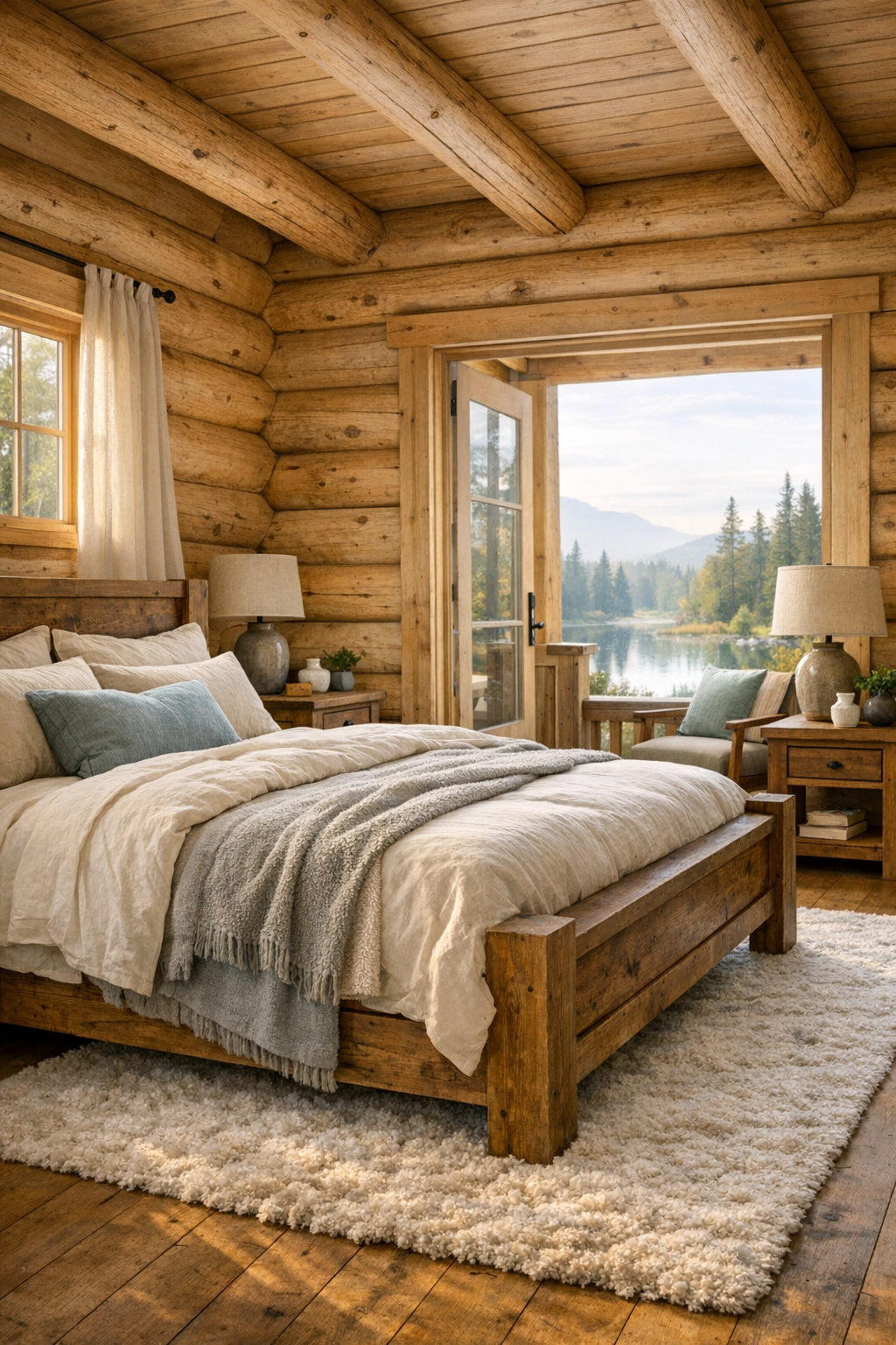 Peaceful log home bedroom with wood bed, layered neutral bedding, and soft natural light
