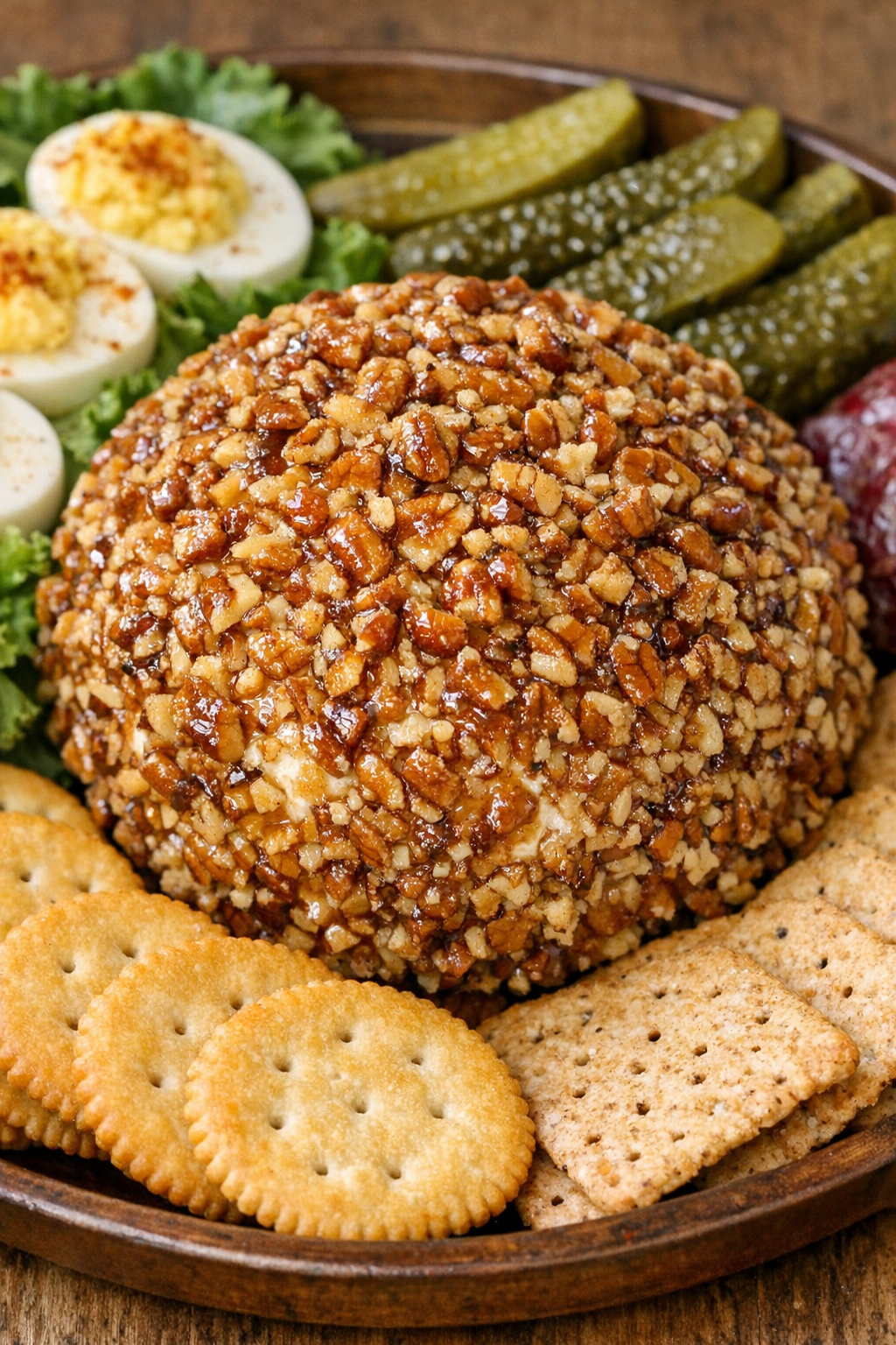 Southern pineapple cheese ball on a potluck tray