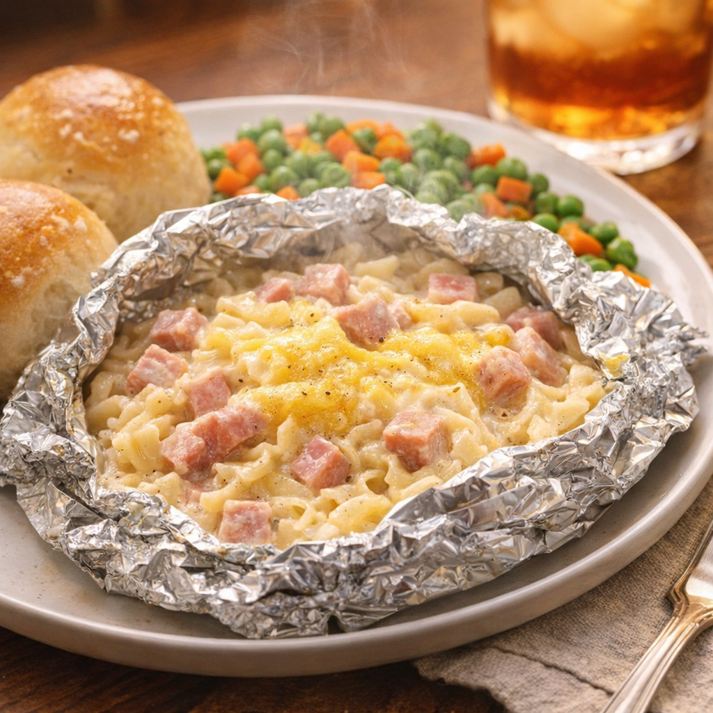 Opened ham pasta packet served with peas and dinner rolls