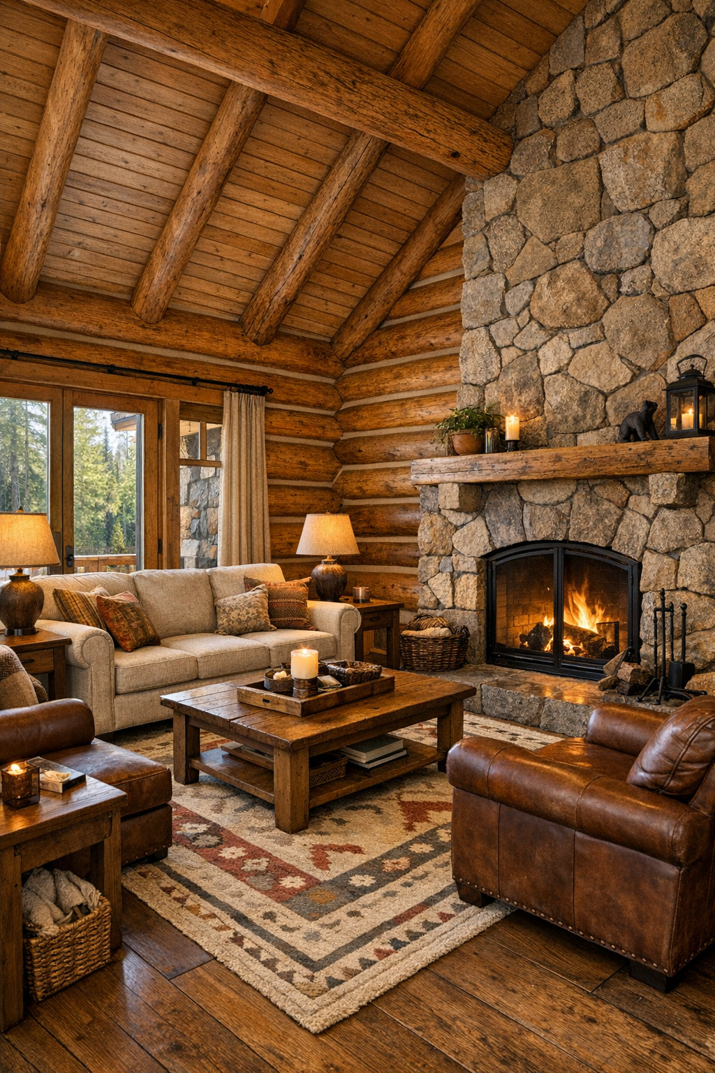 Warm log home living room with stone fireplace and timber beams