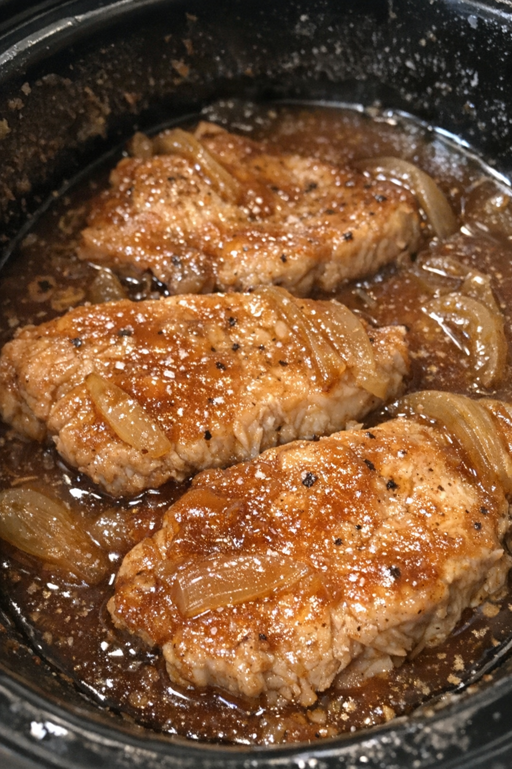 Slow cooker pork chops in amber sauce