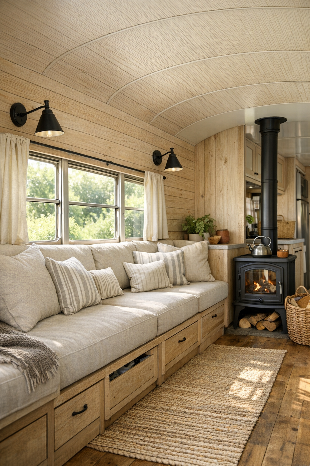 Cozy bus living room with built-in bench seating and warm wood finishes