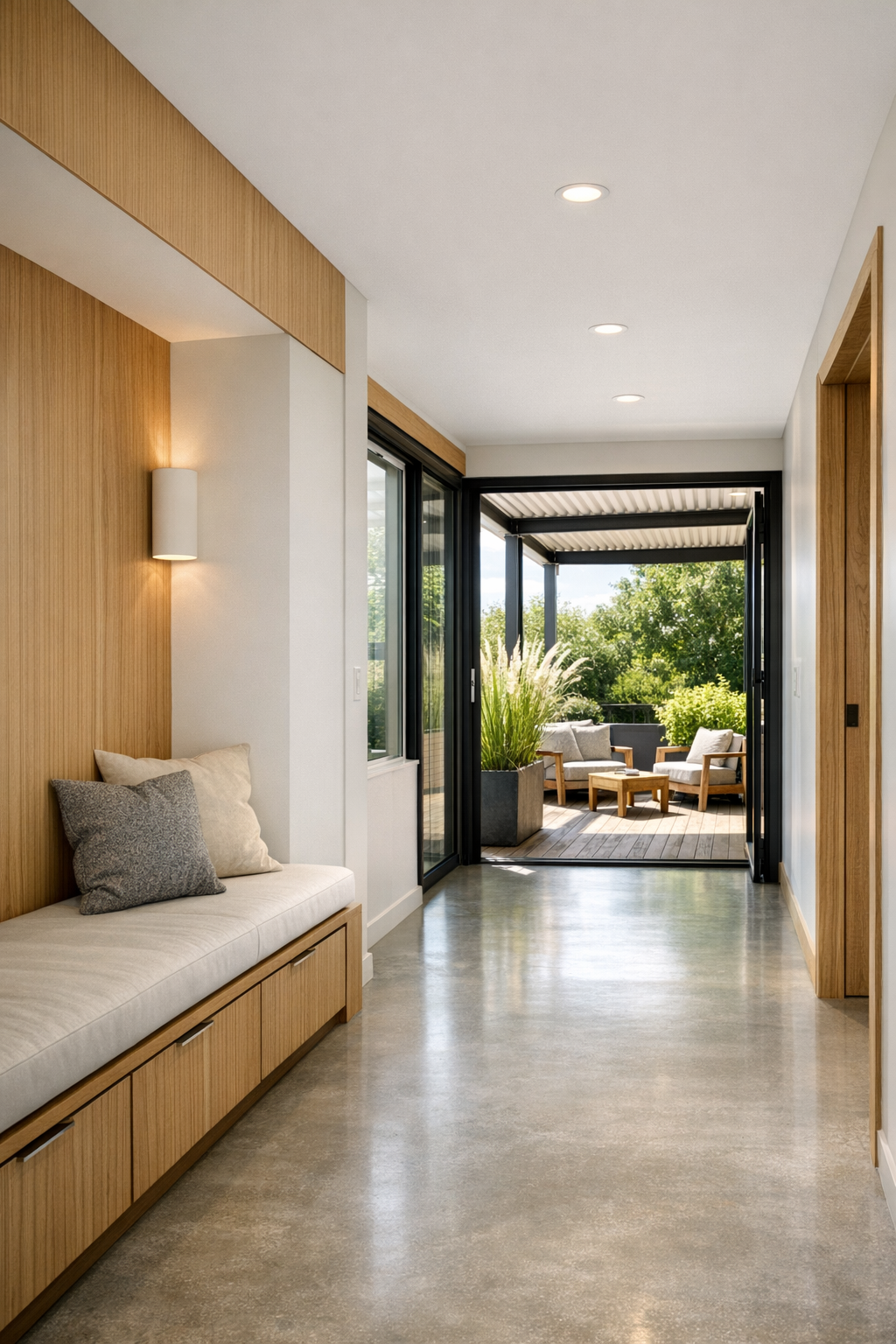 Accessible entry and terrace area with built-ins, oak details, and simple outdoor seating