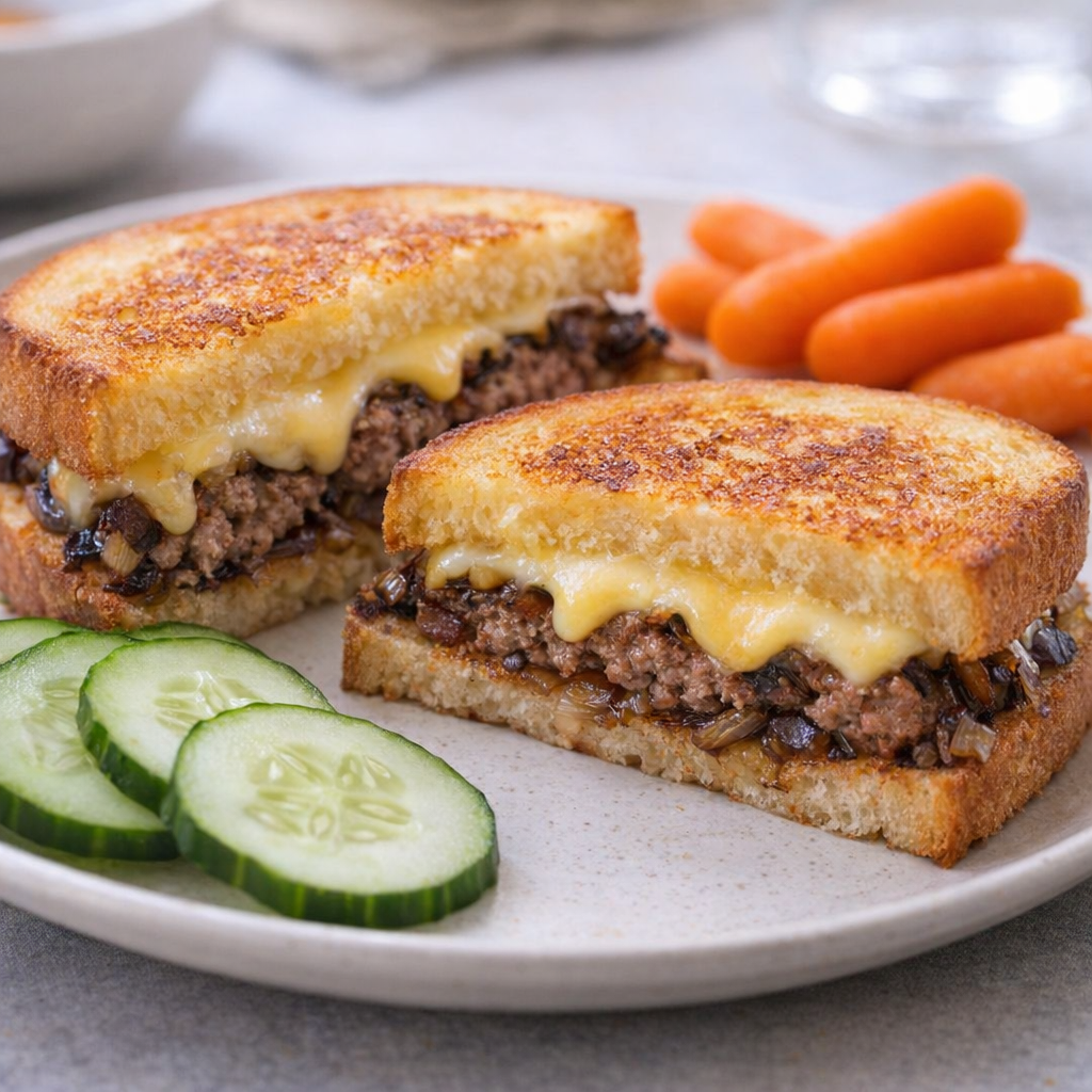 Kid-sized patty melt halves with mild cheese and veggies