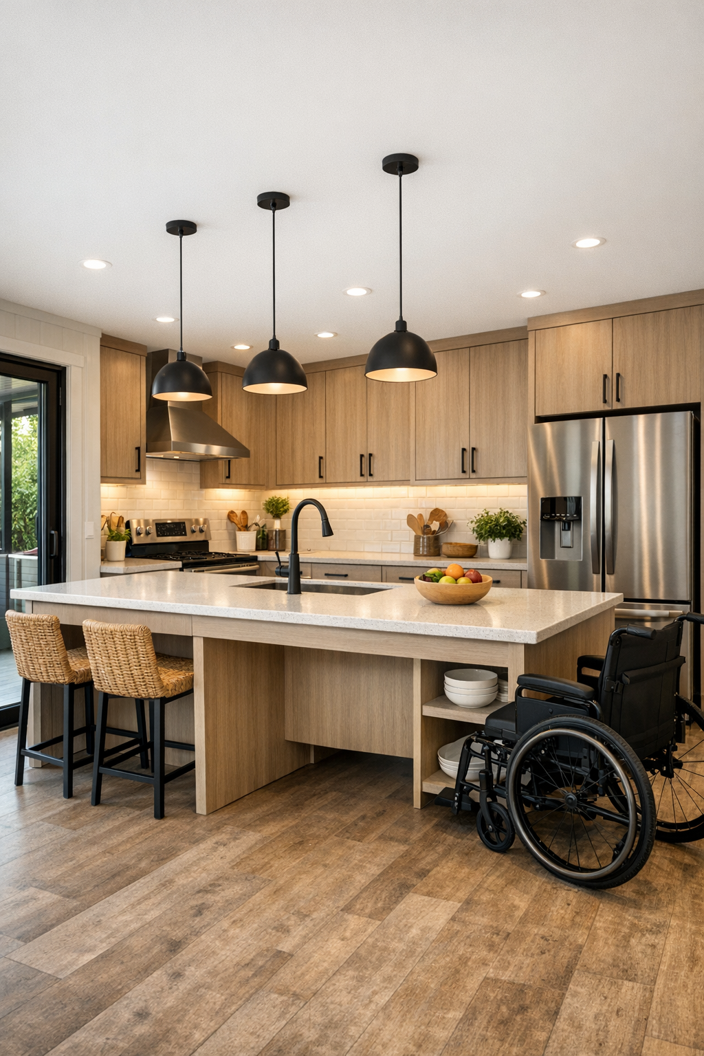 Accessible modern kitchen with light counters, warm cabinetry, and open circulation