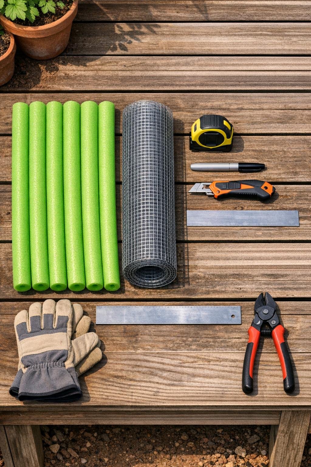 Materials for a raised bed insulation layer laid out on a potting bench