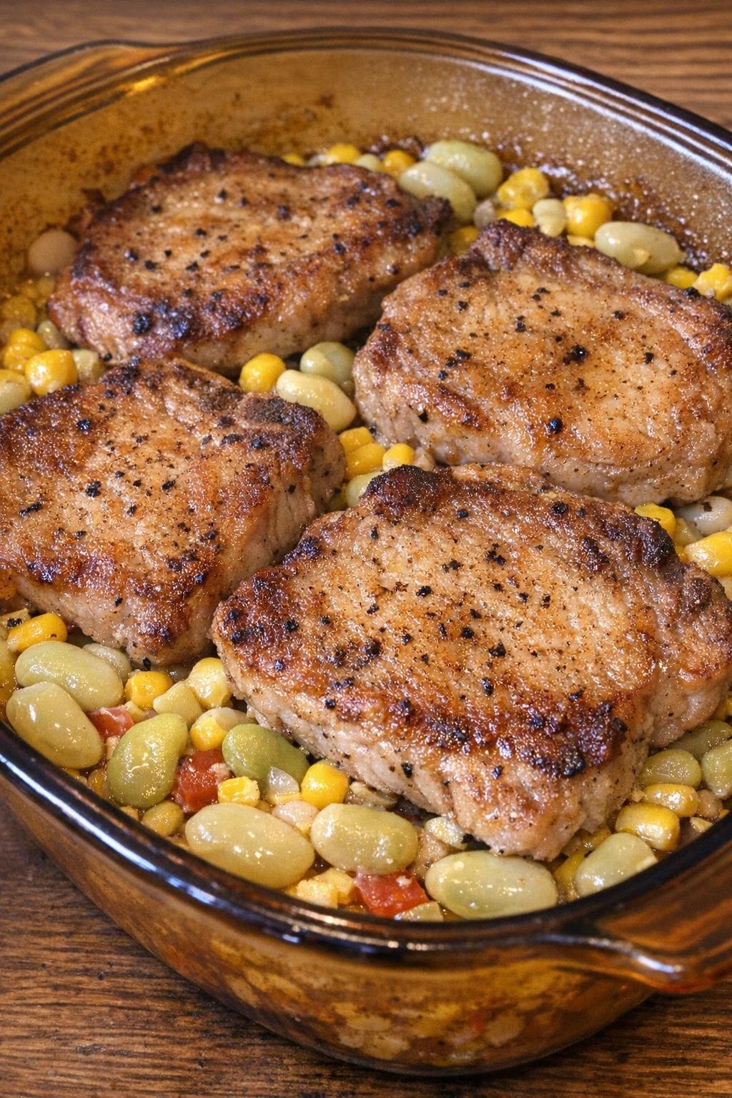 Golden browned pork chops baked over colorful succotash in a vintage amber casserole dish