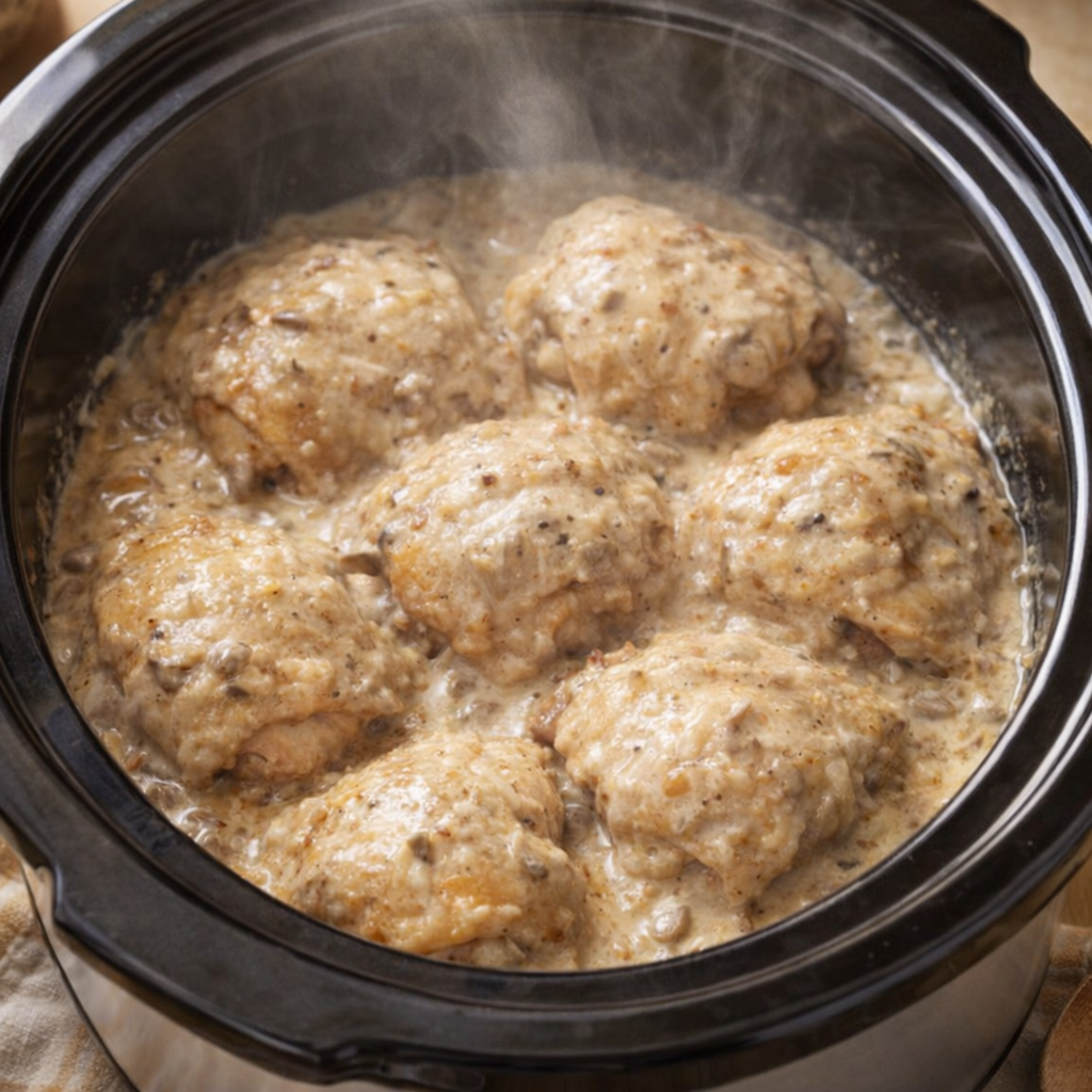 Slow cooker chicken thighs with gravy in a home kitchen setting