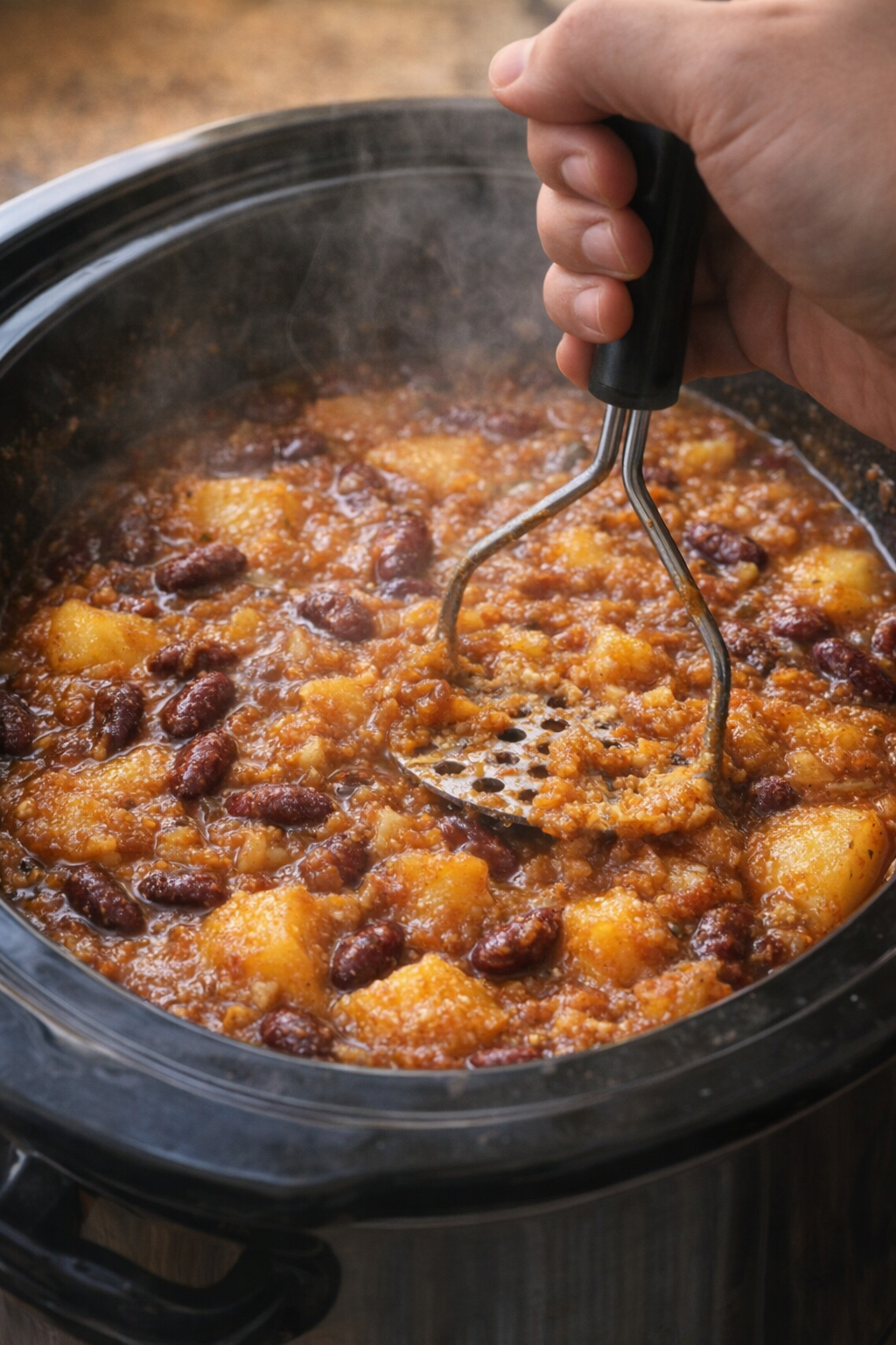 Aardappel- en kidneybonenstoofpot die licht gepureerd wordt in de slowcooker.