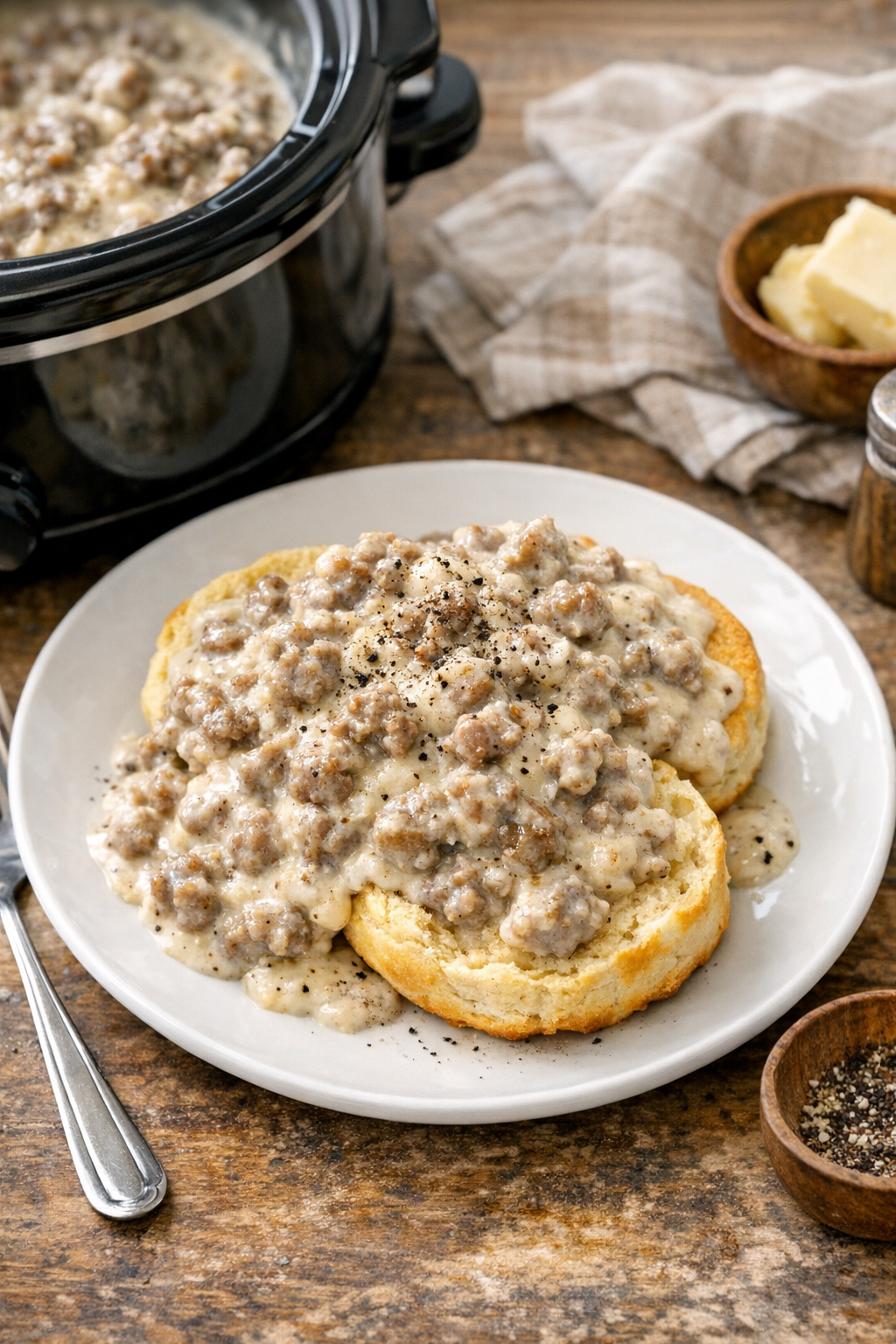 Finished breakfast sausage slow cooker dish plated and ready to serve