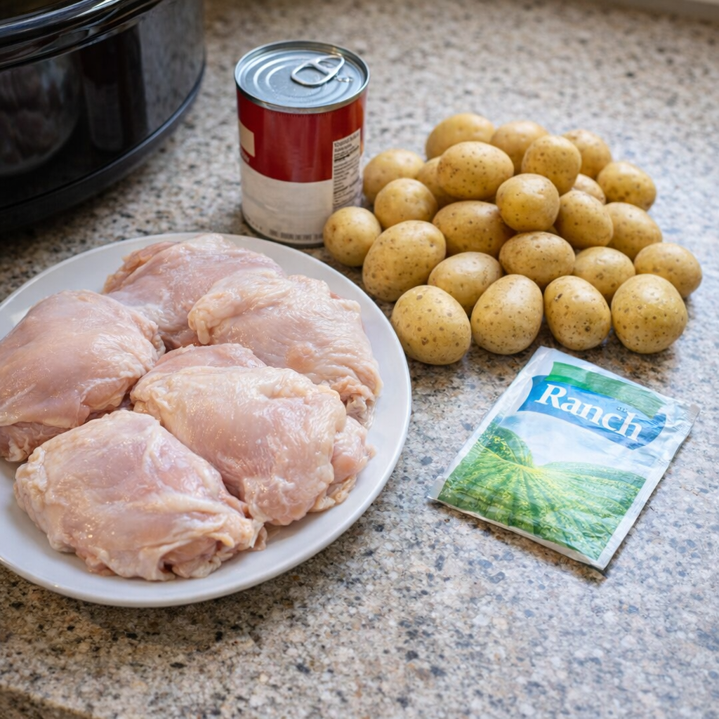 Ingredients for slow cooker chicken and potatoes on a kitchen counter