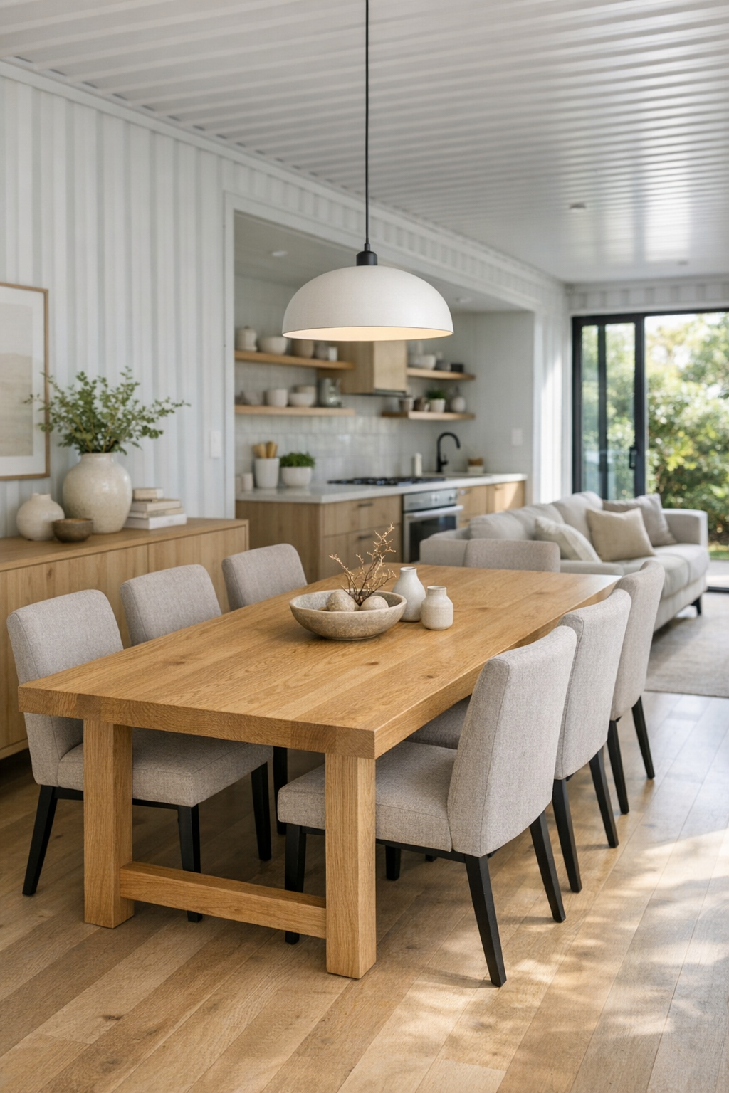 Dining room with a white oak table, upholstered greige chairs, and soft pendant lighting