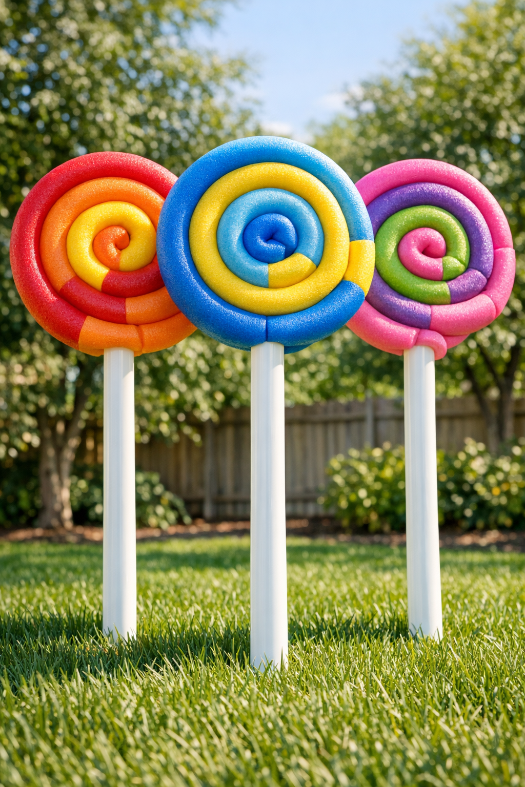 Finished giant backyard lollipops standing in a yard