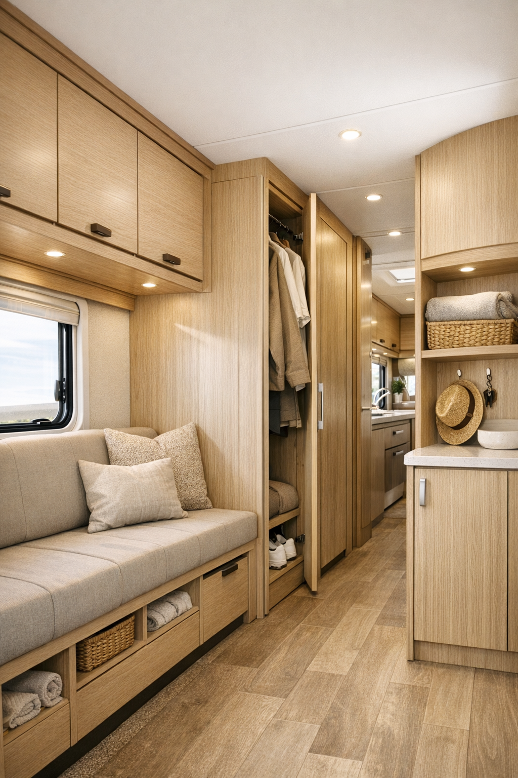 Thoughtfully designed RV storage and transition area with integrated built-ins