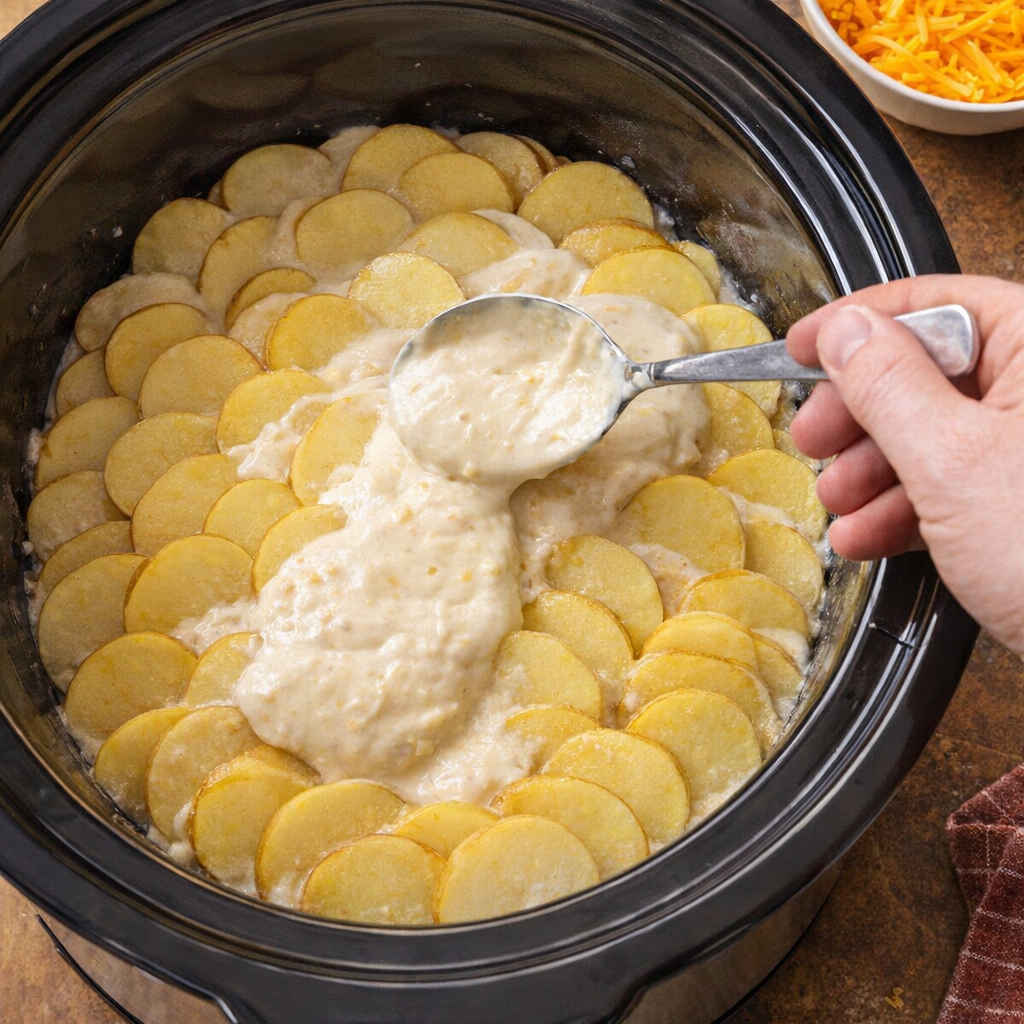 Layering potatoes and cream sauce into a slow cooker
