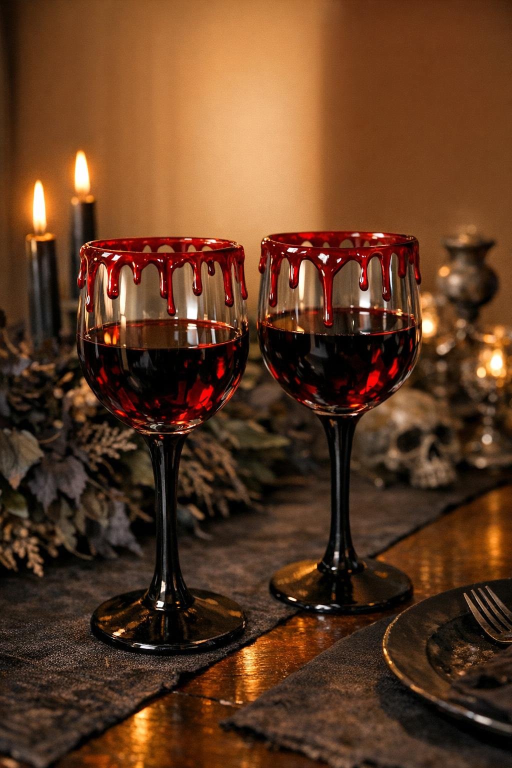Finished dripping vampire goblets displayed on a styled Halloween table