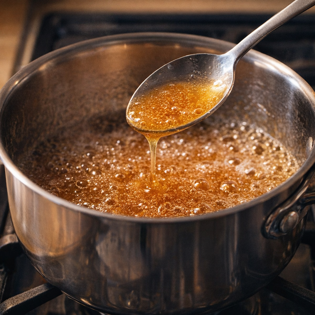 Champagne glaze simmering in a saucepan until thickened