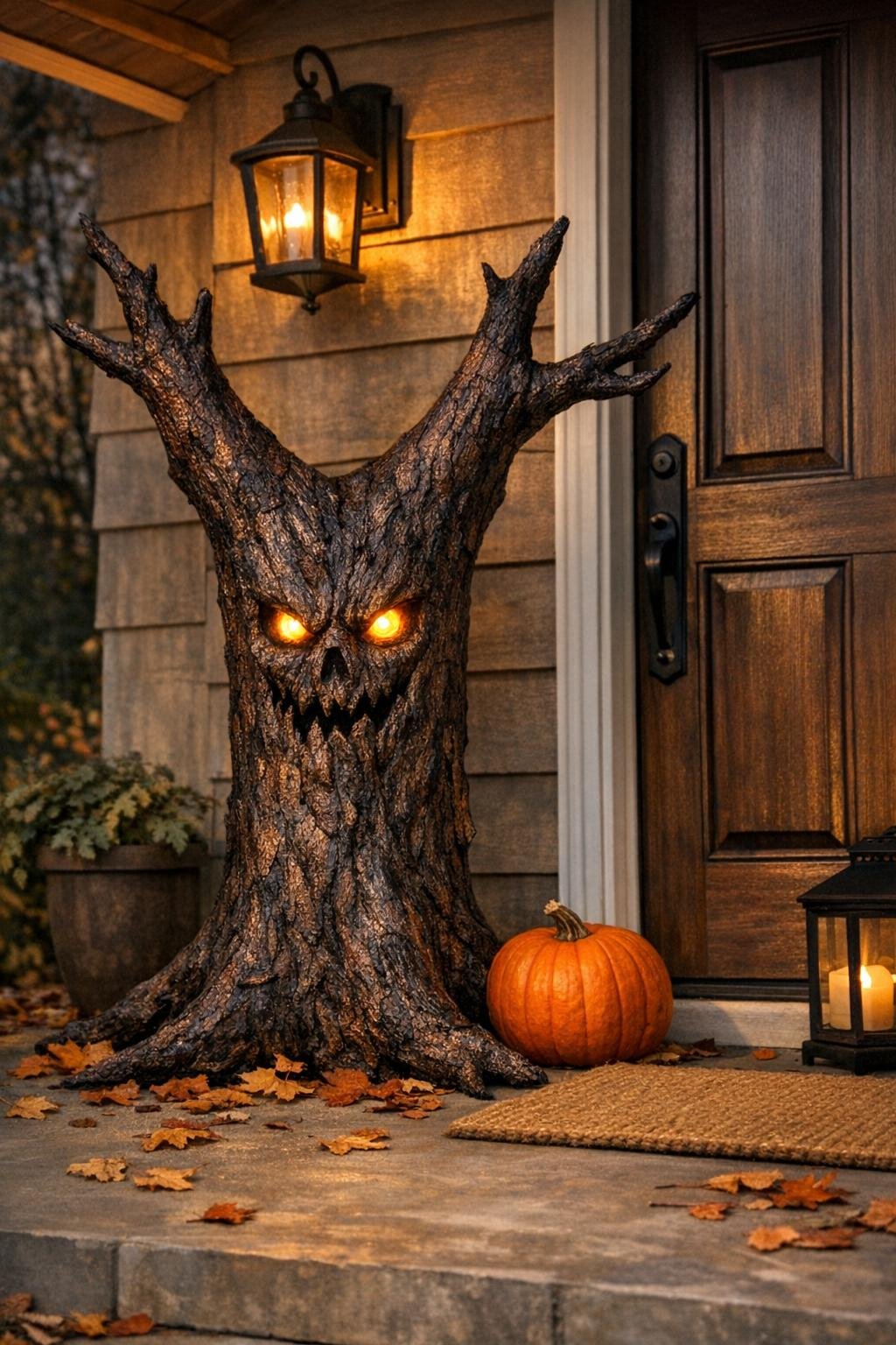 Finished haunted porch tree glowing beside a front door