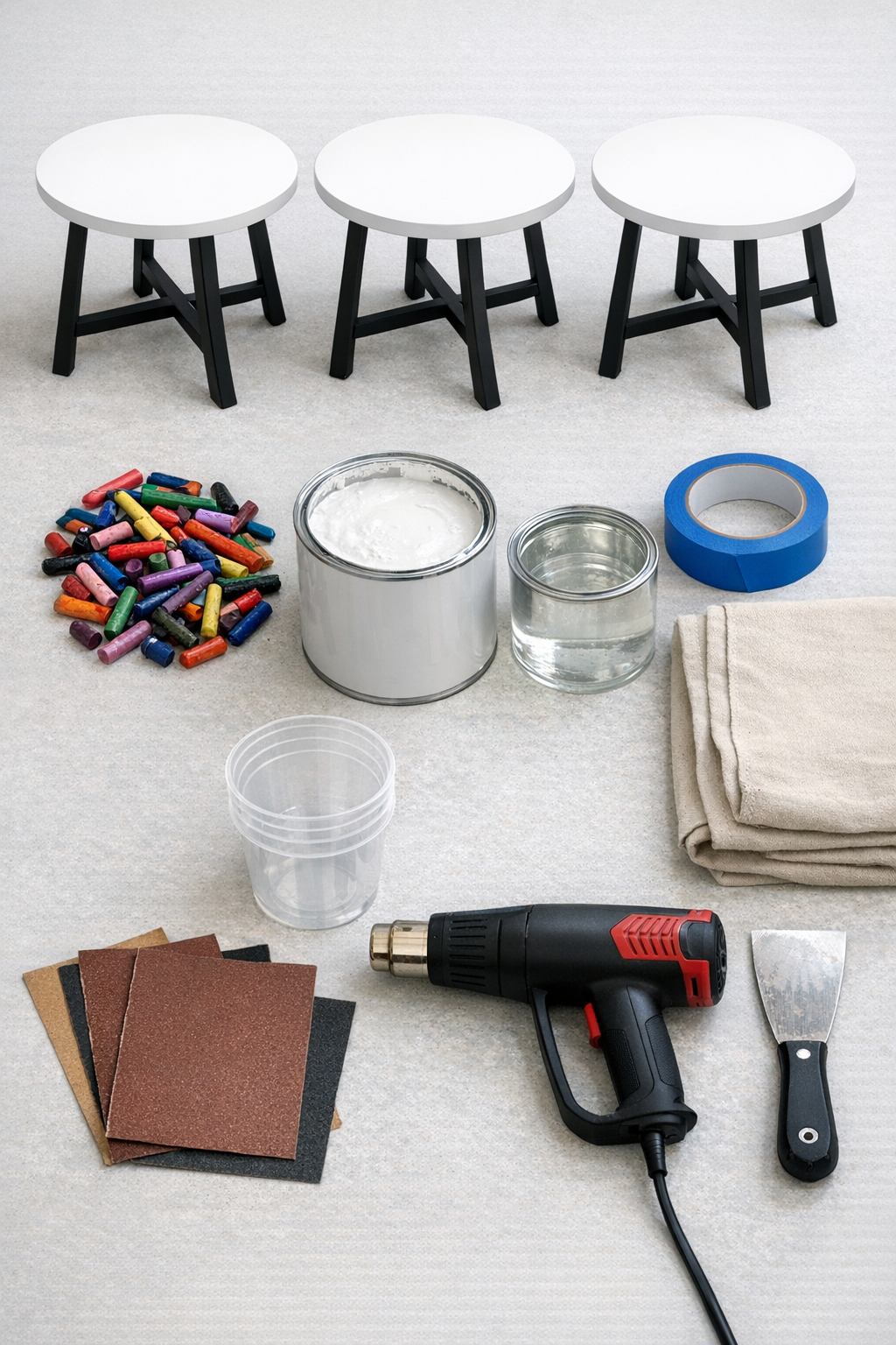 Materials for faux terrazzo patio tables laid out together