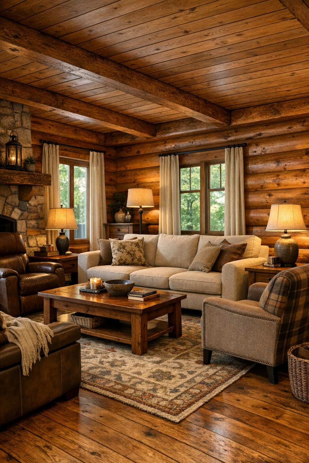 Warm cedar log living room with Amish-crafted wood furniture and soft natural light