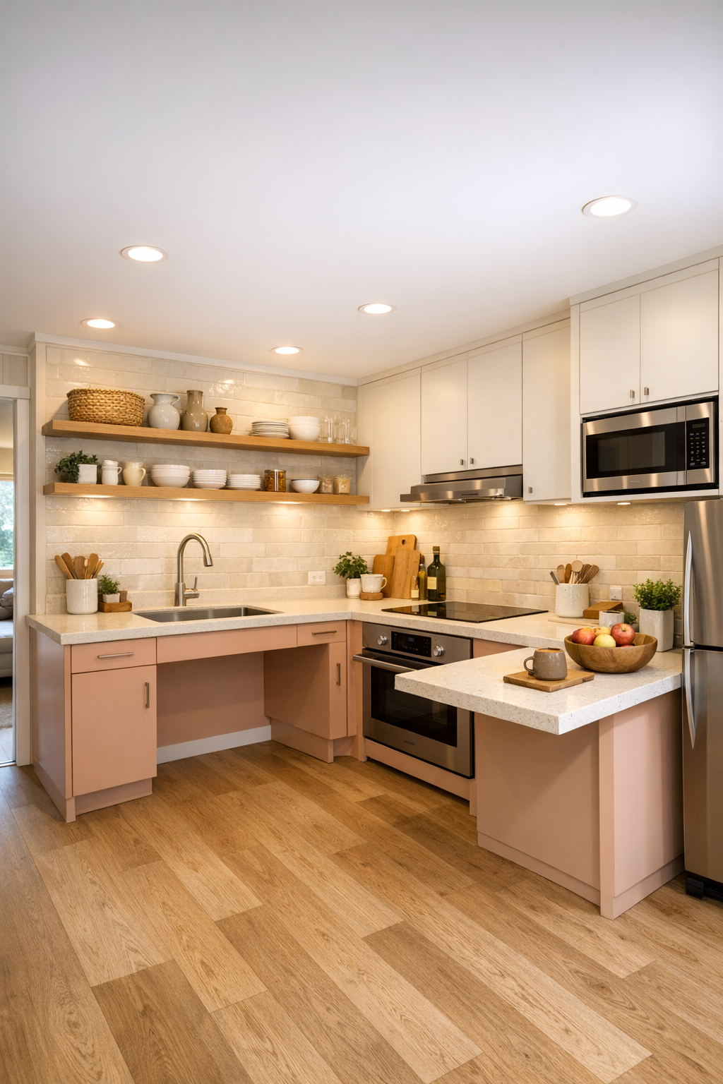 Soft peach accessible kitchen with quartz counters and light oak shelving