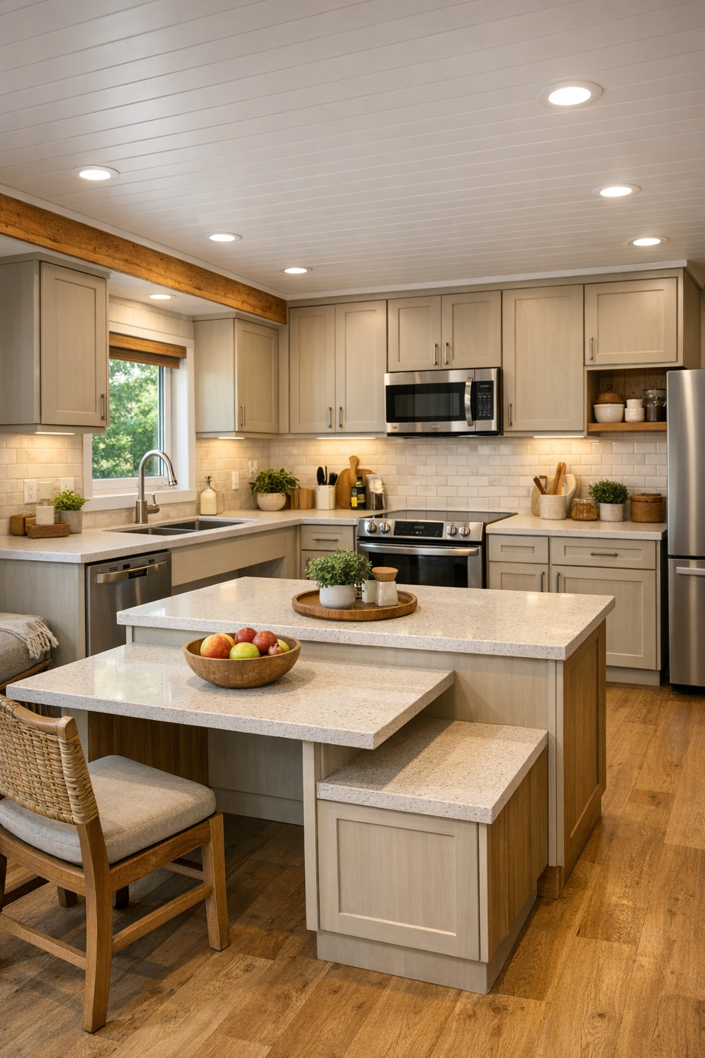 Barrier-free kitchen with oatmeal cabinetry and light quartz surfaces