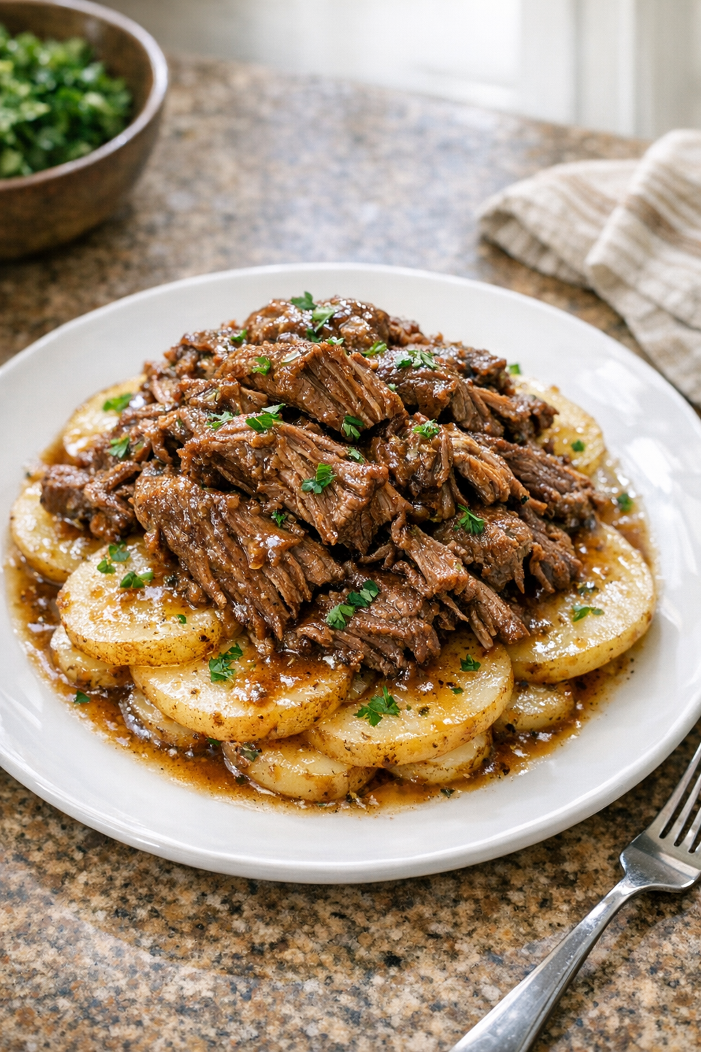 Finished slow cooker Amish beef and potatoes plated for dinner