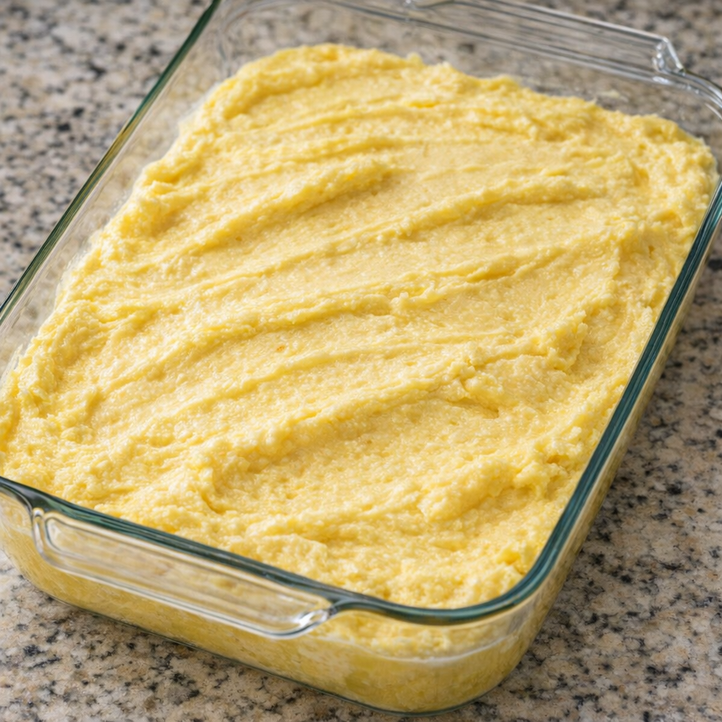 Thick lemon cake batter spread in a glass baking dish